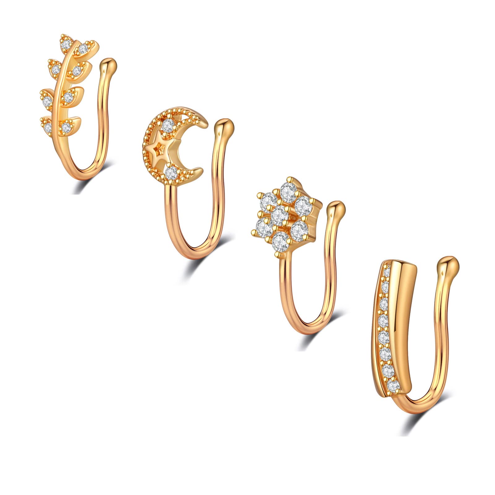 Yoltnes 4PCS Fake Nose Rings & Nose Cuffs for Non-Pierced Noses - Cubic Zirconia Clip-On Nose Rings Non-Piercing Jewelry Set for Women, Girls & Men - Perfect for Parties, Cosplay & Everyday Fashion Accessories