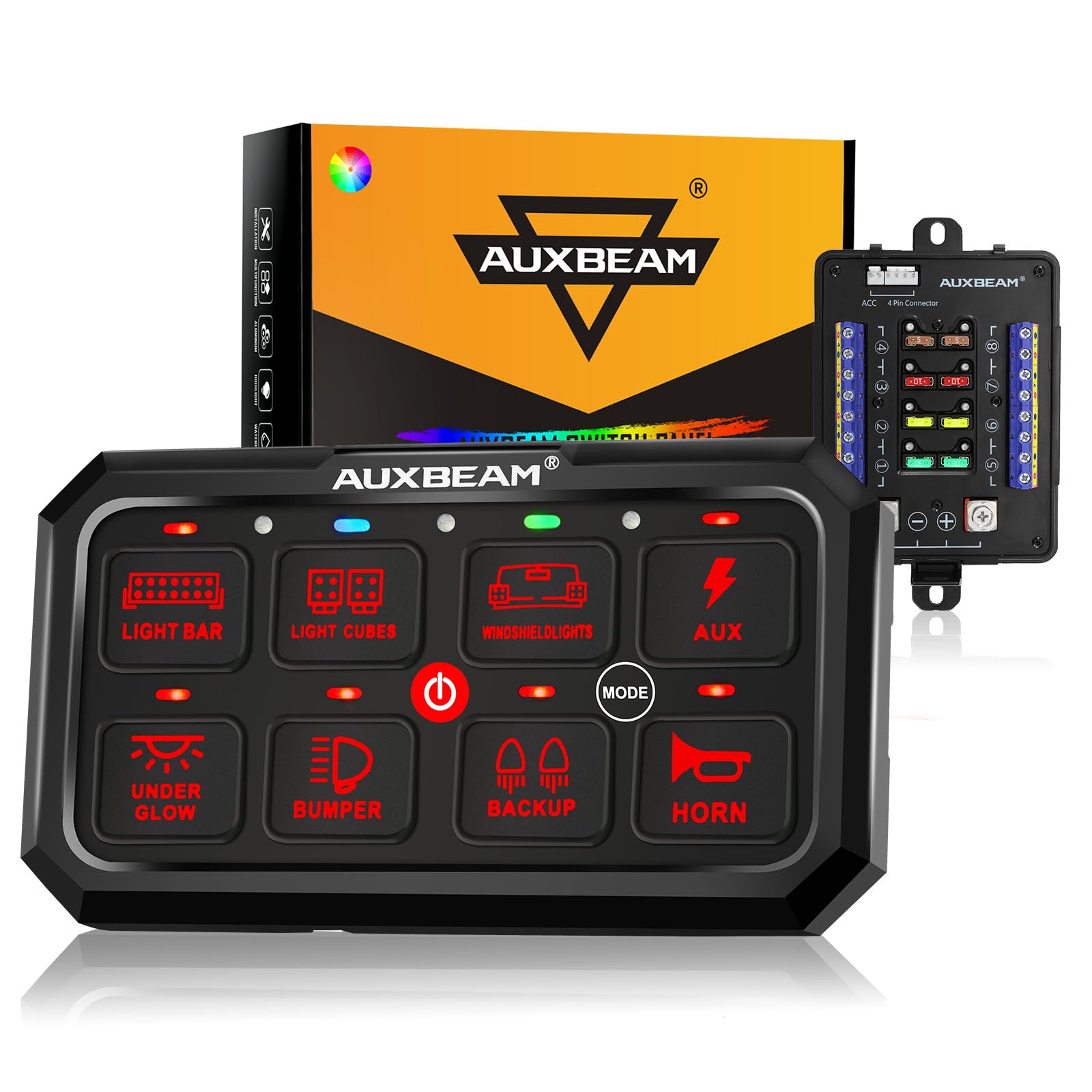 Auxbeam 8 Gang Switch Panel RB80 XL 5.3 Inch RGB LED Toggle Momentary Pulsed Switch Pod - 12-24V Waterproof Auxiliary Circuit Control Relay System for Truck, Car, Offroad, UTV - Perfect for Off-Roading, Camping & Emergency Lighting - 2 Years Warranty