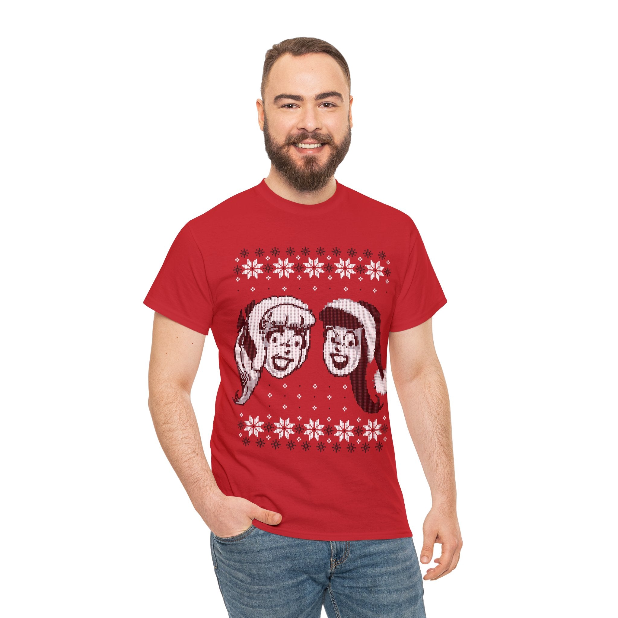 Betty and Veronica Holiday Sweater Design Graphic T-Shirt | Unisex Heavy Cotton Tee for Christmas Parties & Festive Gatherings