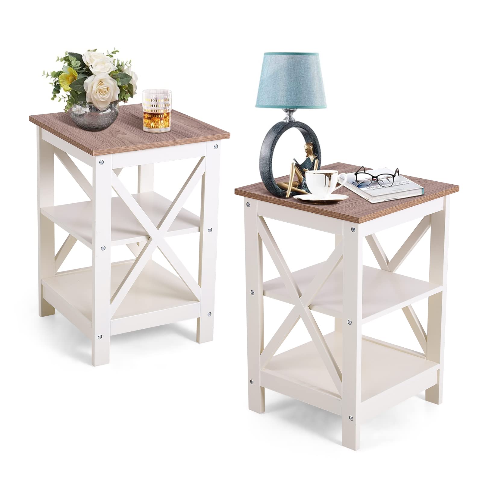 Sophia & William Farmhouse End Table Set of 2 with Storage Shelves - 3-Tier Side Table Nightstand for Living Room, Bedroom & Office - Ivory White - Perfect for Small Spaces, Coffee Table Alternative & Bedside Storage