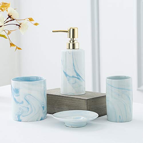 Vintage Ceramic Bathroom Accessories Set - Blue Marble 4 Piece Soap Dispenser, Soap Dish & 2 Tumblers for Vanity Decor | Elegant Home & Hotel Bathroom Organization