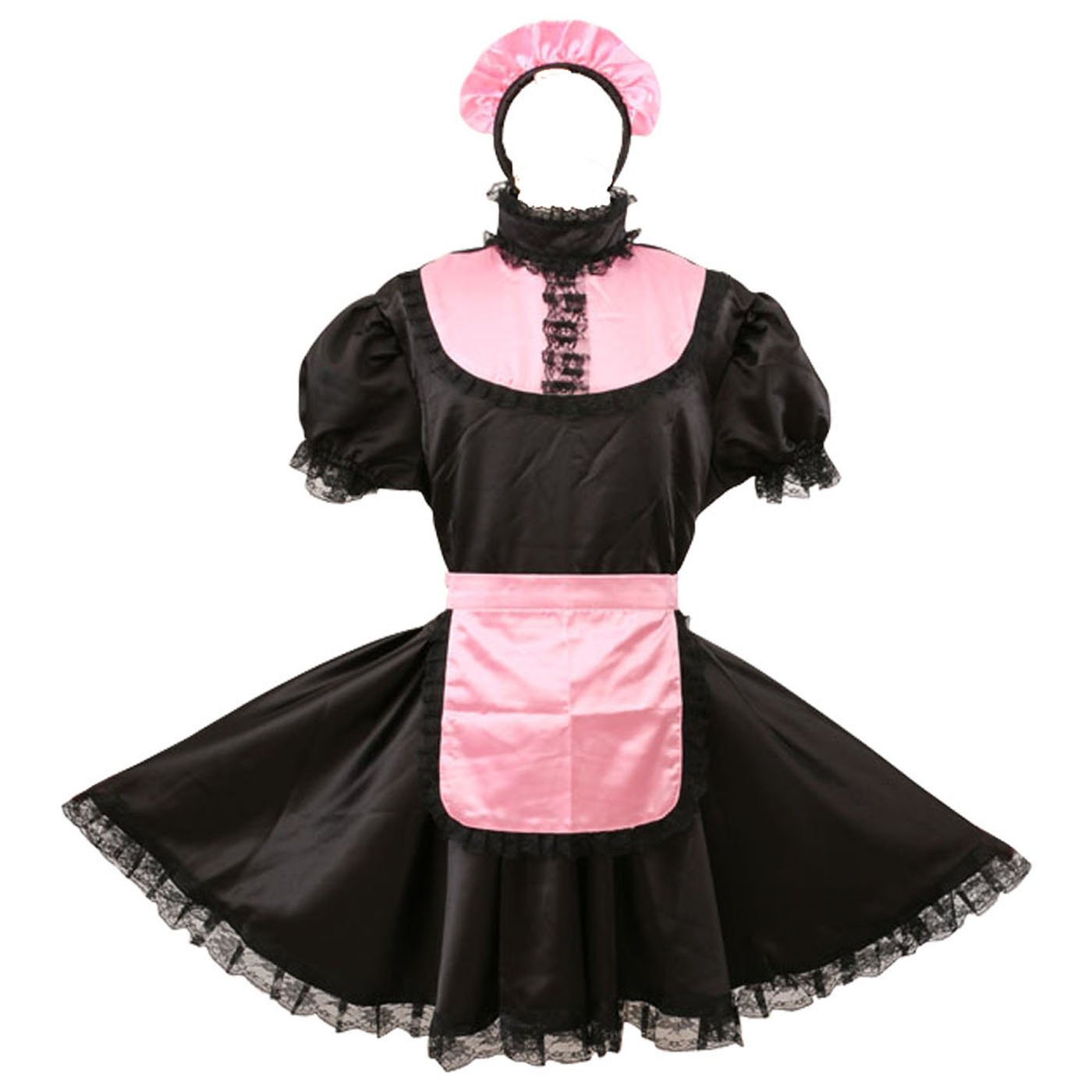 Sexy Lockable French Maid Costume - Satin Pink & Black Dress Uniform for Roleplay, Cosplay & Halloween Parties