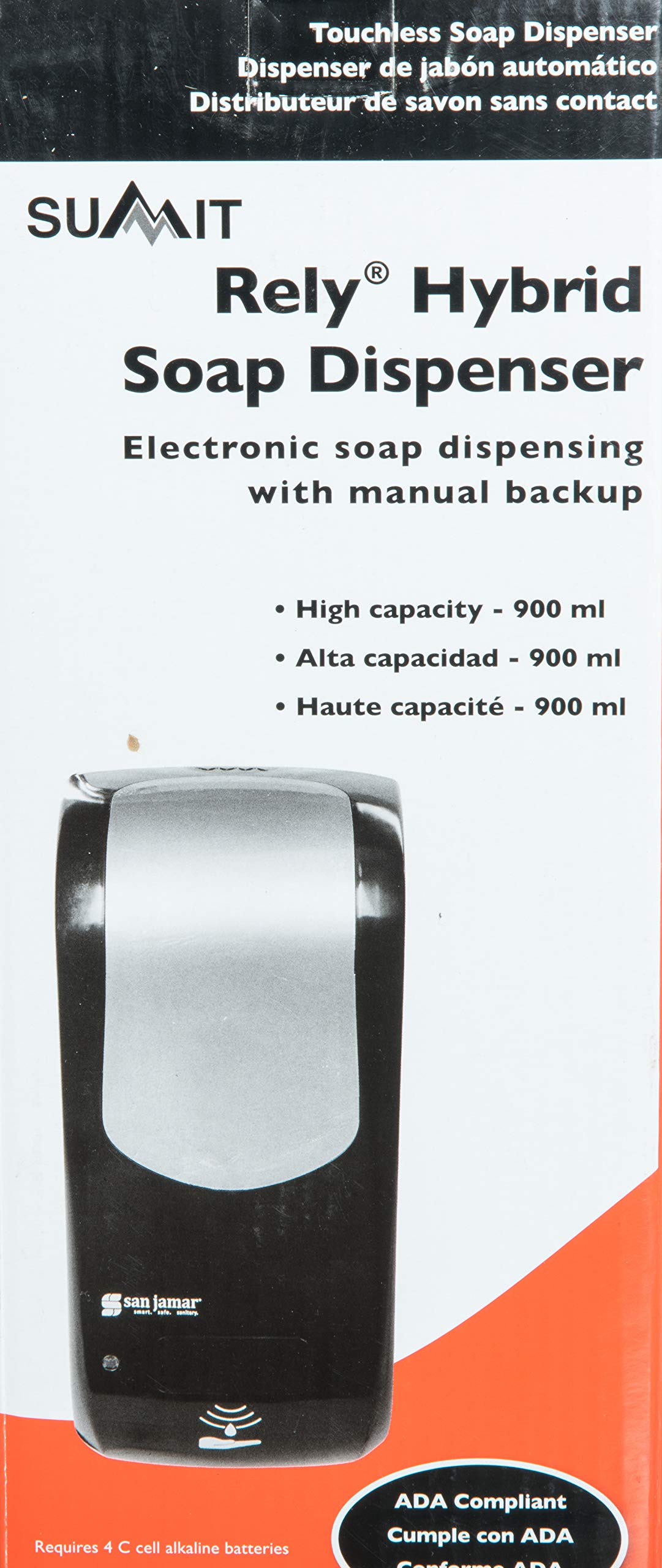 San Jamar Classic Rely Hybrid Electronic Soap Dispenser - 900ml Touchless Hand Sanitizer & Lotion Dispenser for Bathroom, Kitchen, Restaurant - Stainless Steel Look Plastic Dispenser - Ideal for Home, Office, and Commercial Use