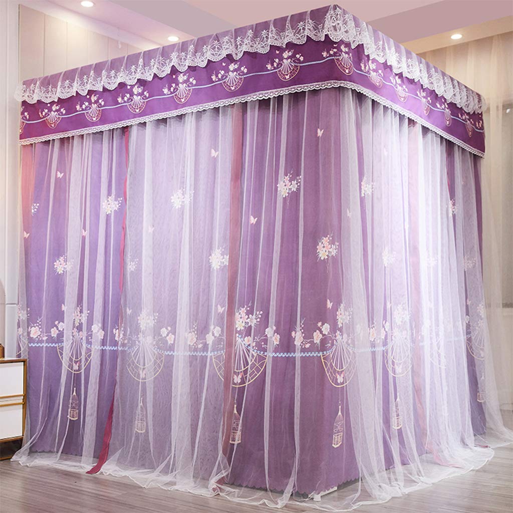 Elegant Floral Print 2-in-1 Mosquito Net & Bed Canopy with 4 Corner Protection - King Size Purple Bed Curtain for Kids Room, Boys & Girls Bedroom Decor - Perfect for Nursery, Dorm Privacy & Summer Bug Protection
