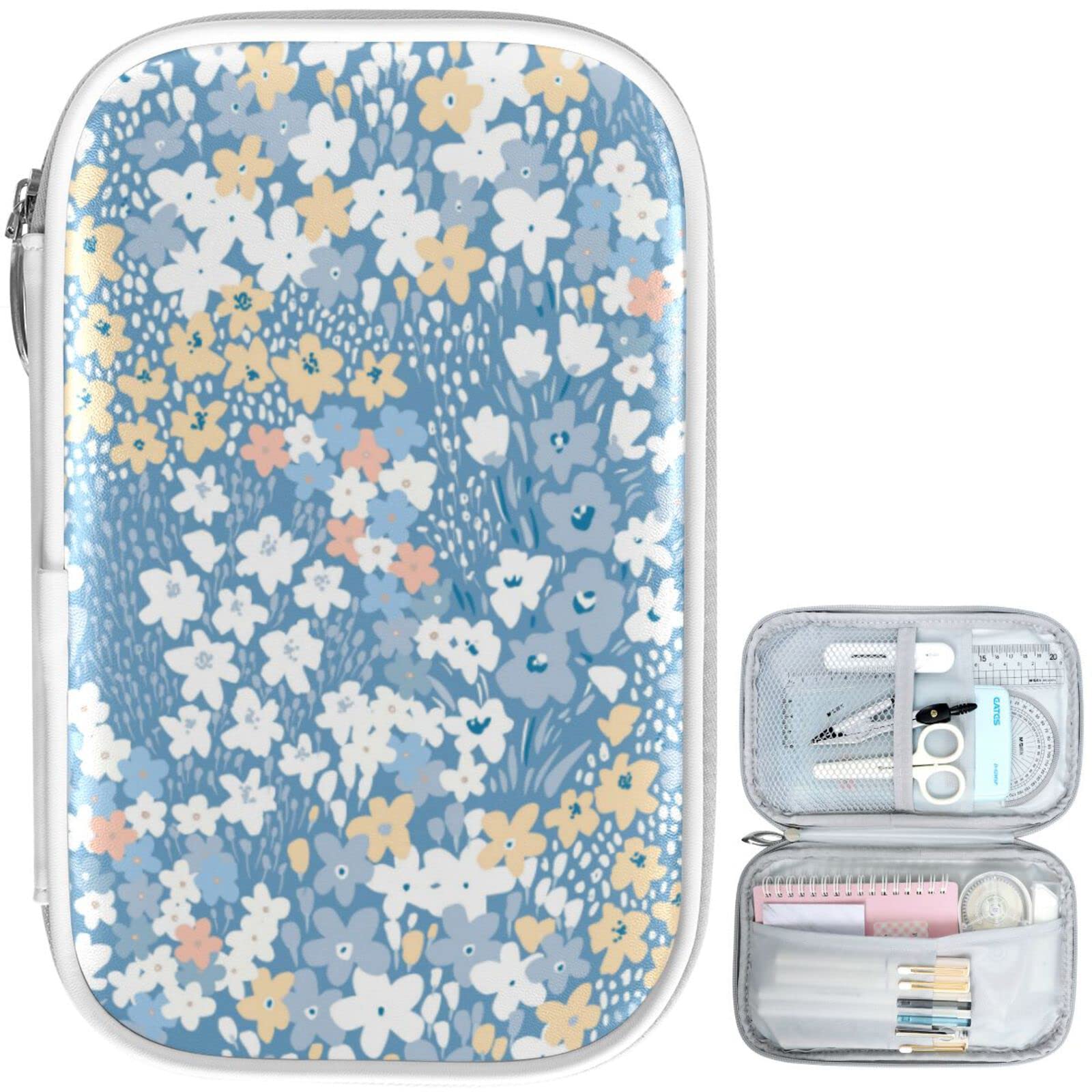 Elegant Flower Blue Pencil Case - School & Office Organizer for Pens & Cosmetics