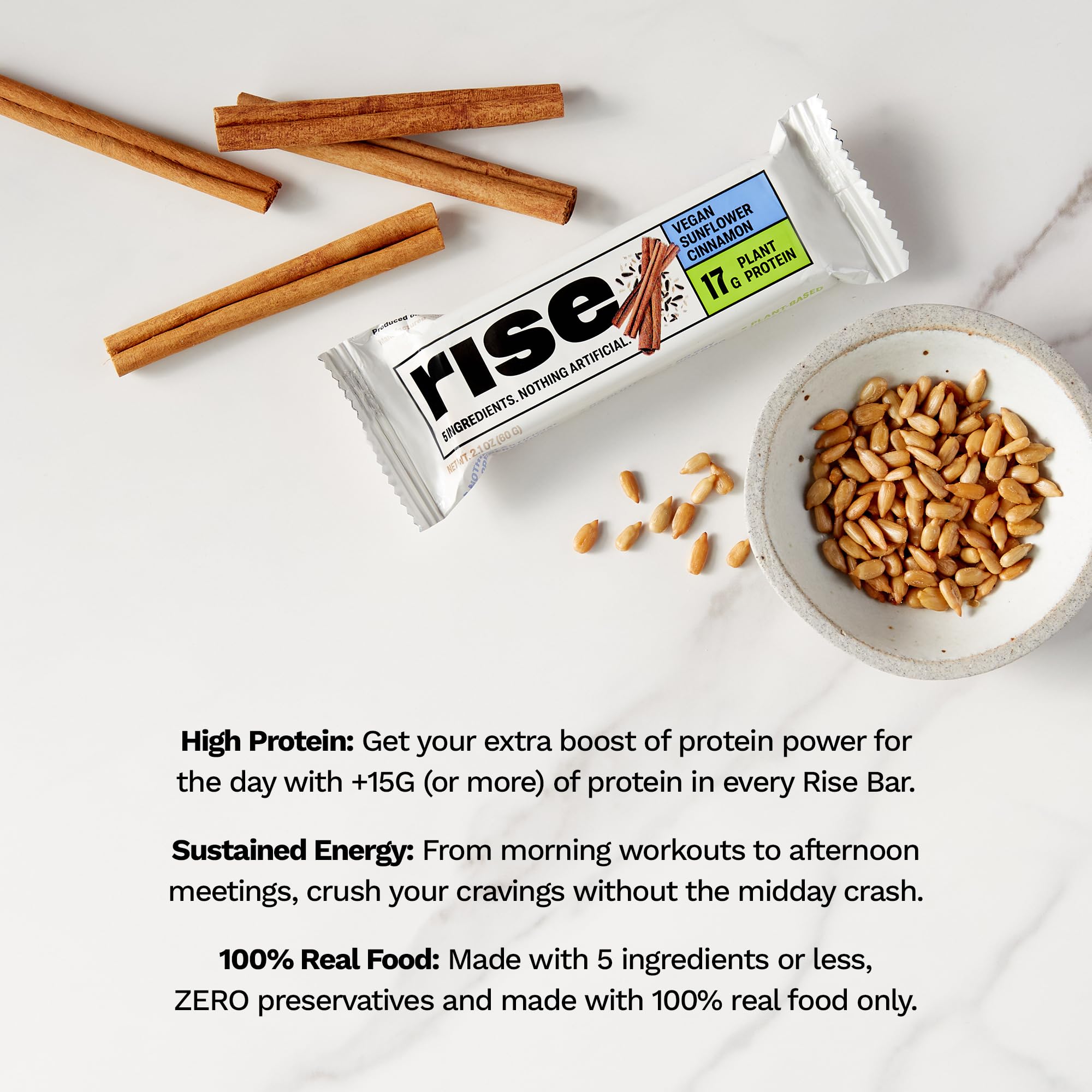 Rise Pea Protein Bar - Vegan Sunflower Cinnamon | High Protein Snack Bar with 17g Plant-Based Protein, Only 5 Whole Food Ingredients, Non-GMO, Gluten-Free, Soy-Free | Perfect for Breakfast, Post-Workout & Healthy On-the-Go Snacking