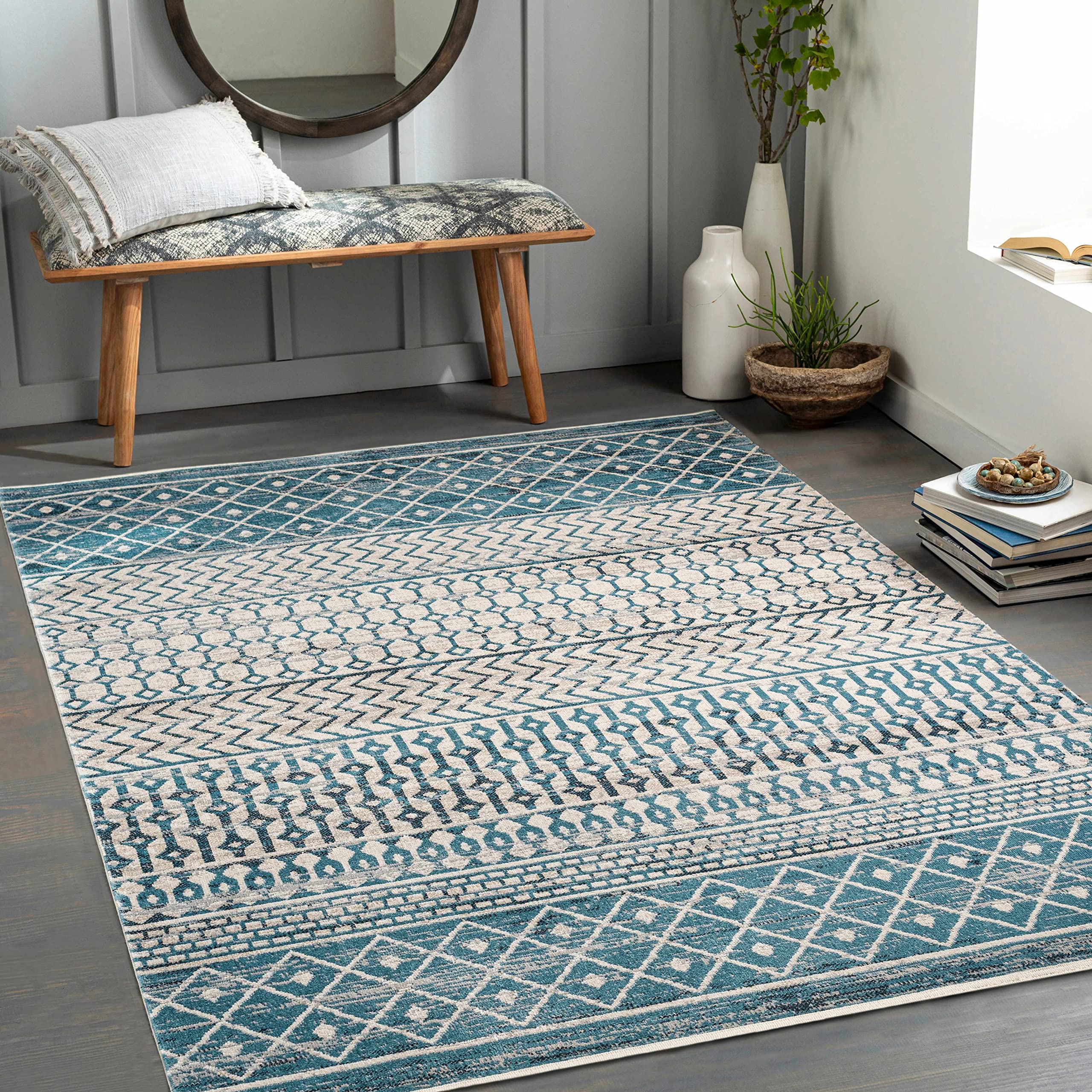 Hauteloom Pinamopoan Machine Washable Area Rug for Living Room & Bedroom - Black, Blue, Gray - 6'7