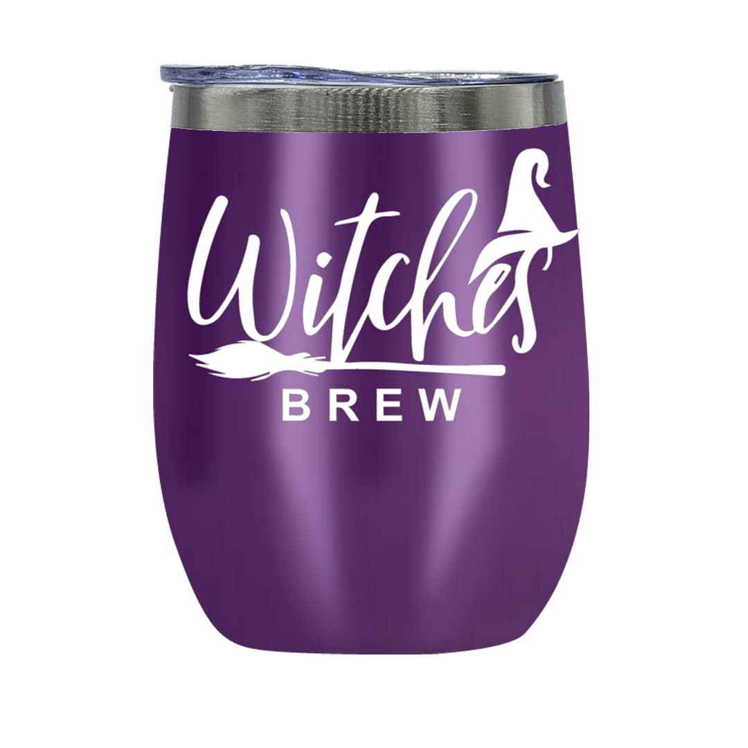 Halloween Wine Tumbler 12oz with Straw & Brush - Pumpkin Witches Brew Cup for Parties