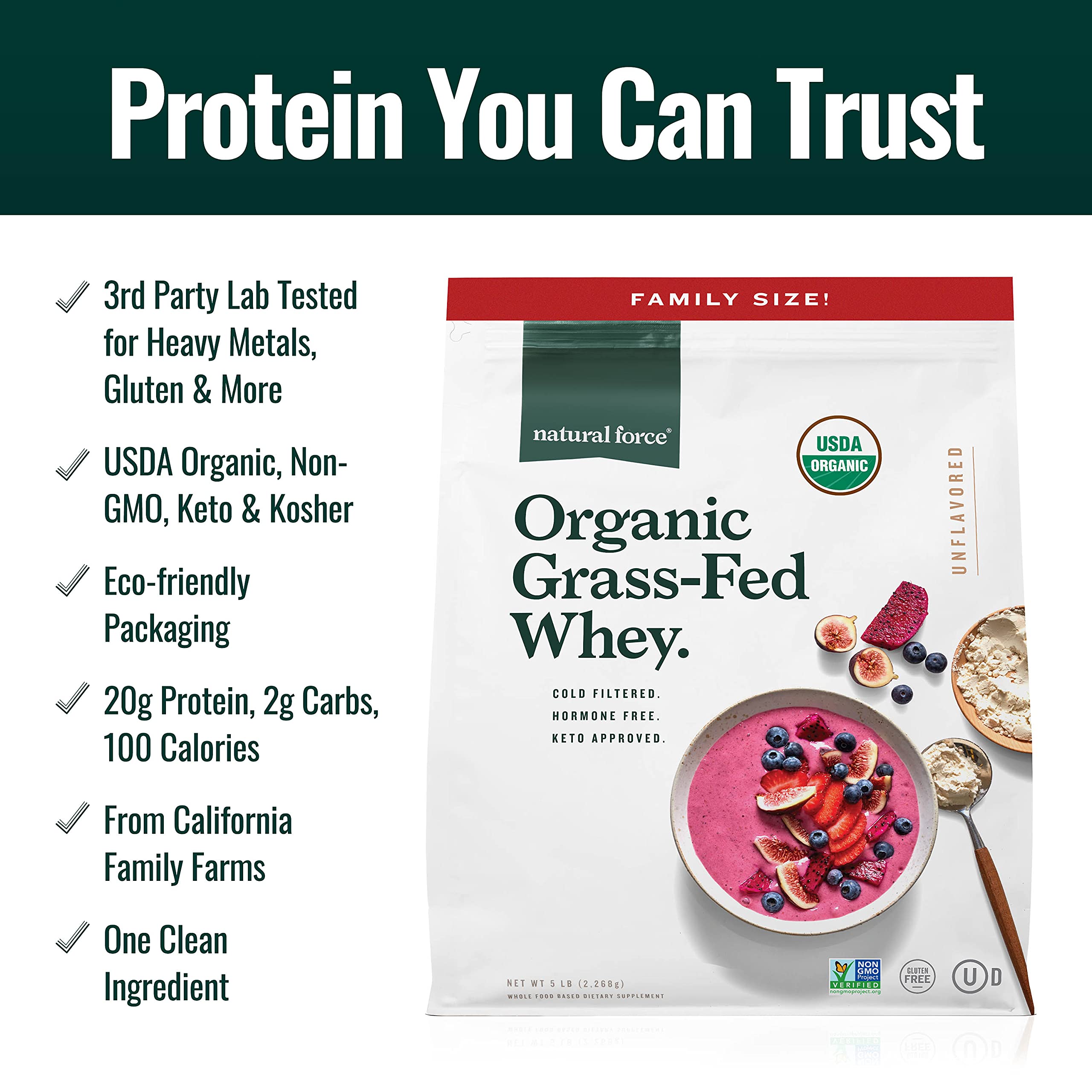 Grass Fed Organic Whey Protein Powder – Non-GMO, Humane Certified, Lab Tested for Toxins – Pure Unflavored A2 Protein – Keto, Low Carb & Kosher Friendly – 5lb for Post-Workout Recovery & Healthy Lifestyle