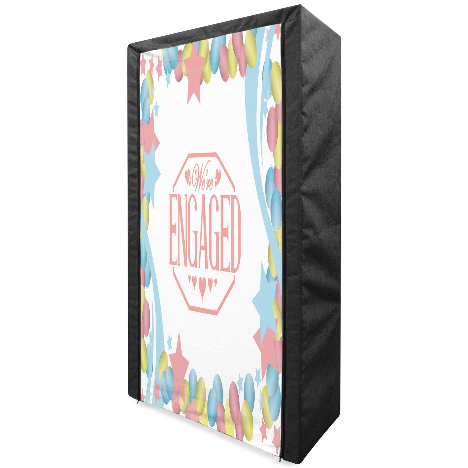 Ambesonne Portable Fabric Wardrobe for Engagement Party - Vintage Balloons & Stars Design Clothing Organizer with Shelves, 33.5 Inch - Pink Blue Green Storage Closet | Perfect for Bedroom, Closet Organization & Party Decor