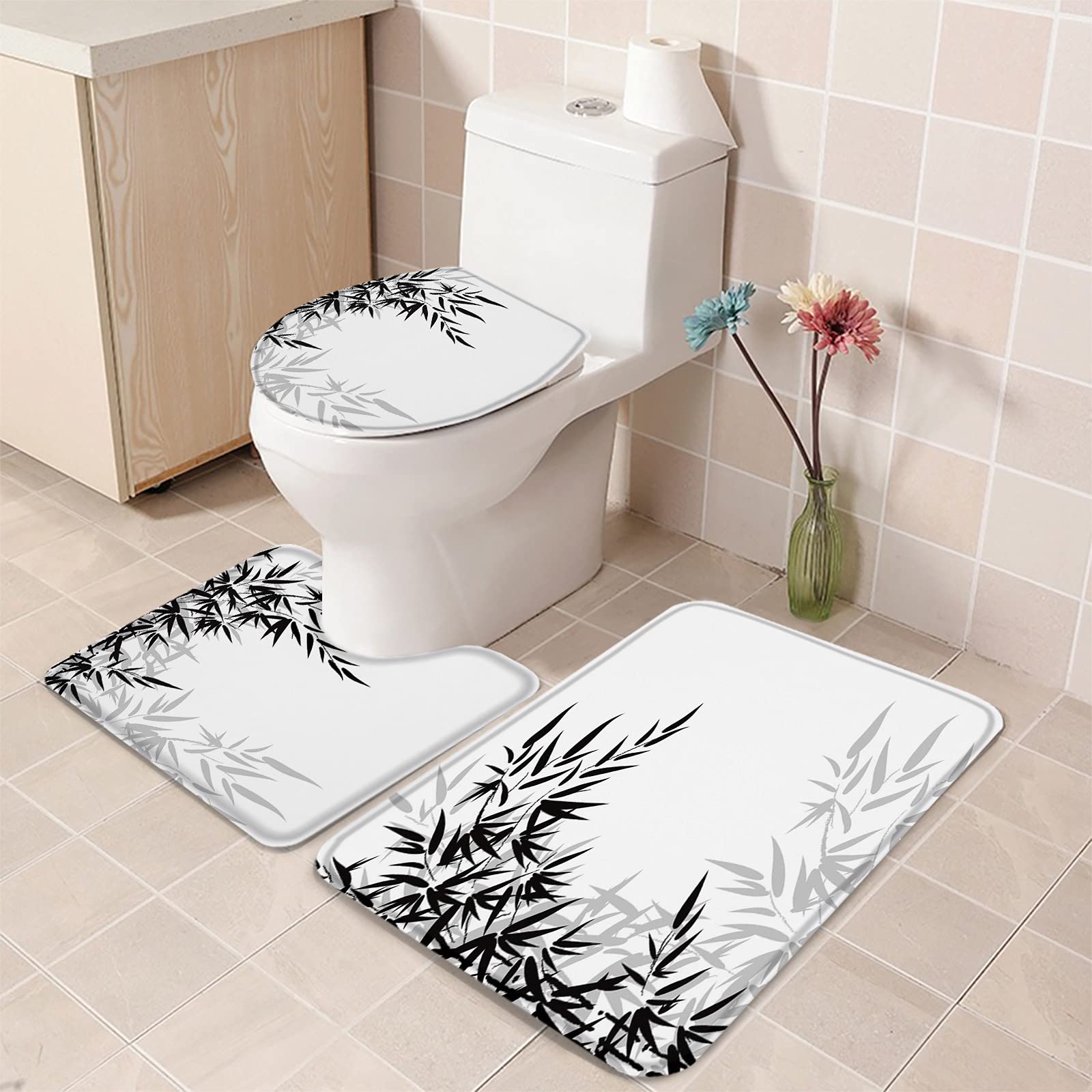 3-Piece Bathroom Rug Set - Non-Slip Bamboo Leaf Black & White Pattern Bath Mat, Contour Mat & Toilet Cover | Soft Absorbent Shower Mats for Bathroom Safety & Style | Perfect for Modern Home Decor