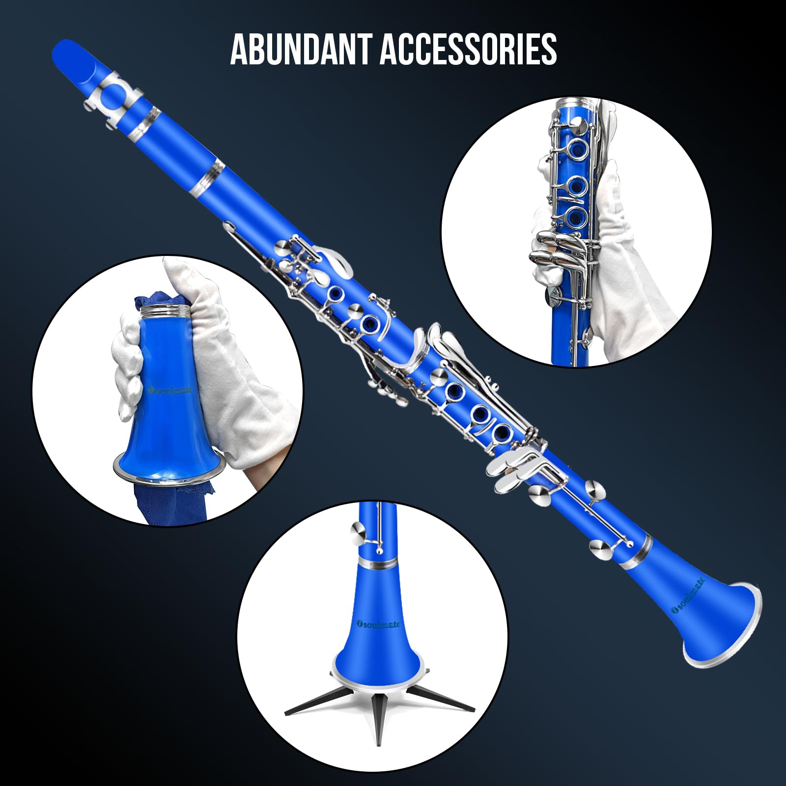 Soulmate Bb Flat 17 Nickel Keys Beginner Student Clarinet with 2 Barrels & Cleaning Kit - Blue | Perfect for School Band, Music Lessons & Practice at Home