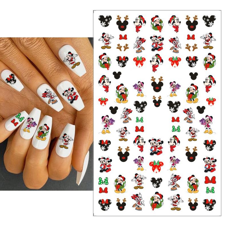 Christmas Nail Stickers - 6 Sheets Cute Mickey Mouse Nail Art Decals for Women, Self-Adhesive Cartoon Nail Designs for DIY Manicure | Perfect for Holiday Parties, Gift Giving & Festive Nail Decorations