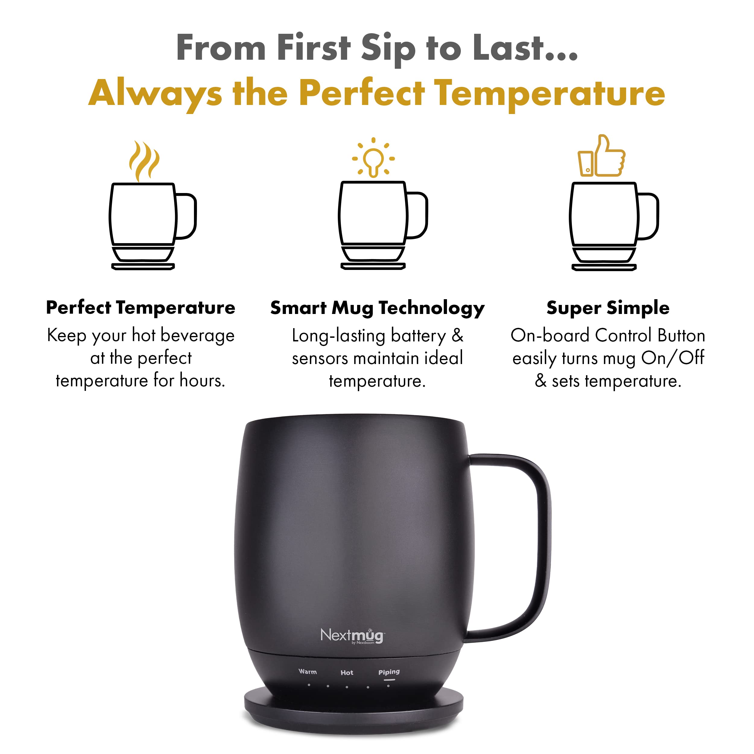 Nextmug - Smart Temperature-Controlled Self-Heating Coffee Mug (14oz) - Perfect for Office, Travel & Home Use - Keeps Beverages Hot for Hours - Black