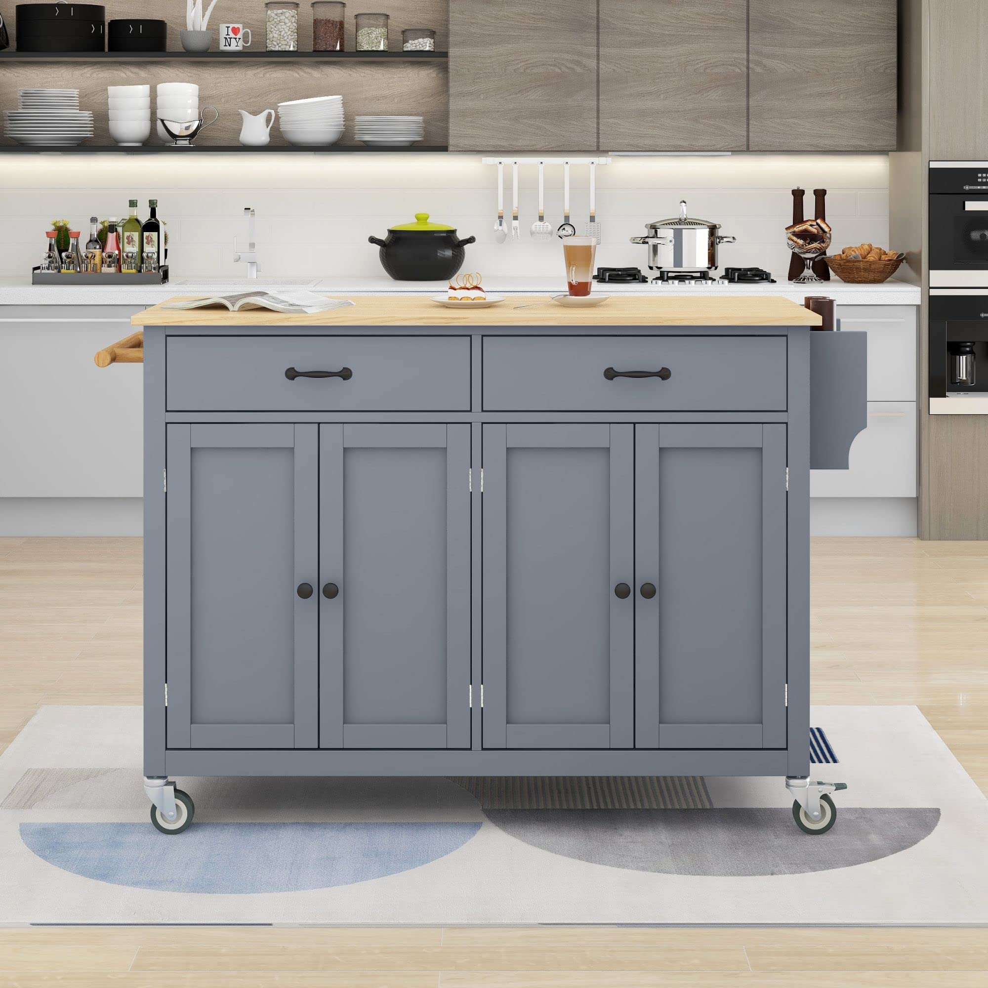 4-Door Rolling Kitchen Island Cart with Storage, Solid Wood Top, Towel & Spice Rack - Mobile Kitchen Organizer for Small Spaces, Prep Station & Dining Extension