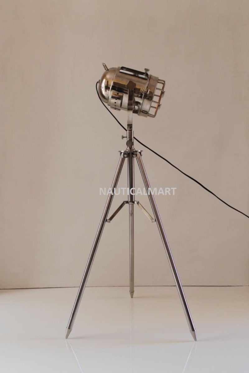 Vintage 1980s Chrome Studio Designer Floor Lamp with Metal Tripod Stand - Adjustable Searchlight for Home Office, Living Room & Reading Nook Lighting