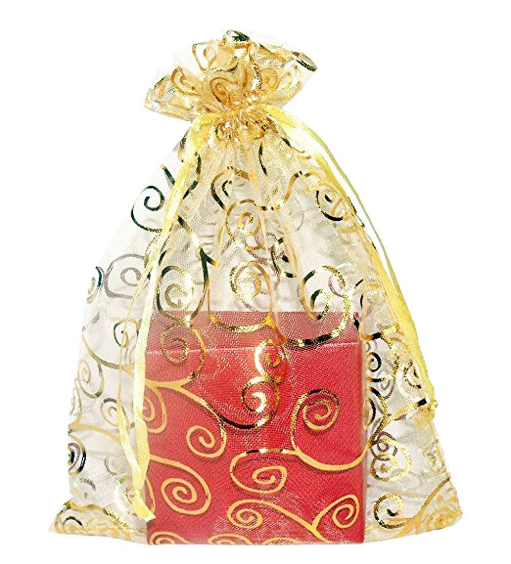 50Pcs Sheer Organza Gift Bags for Wedding Favors, Baby Shower, Party - Rattan Print Drawstring Pouches (4x6 Inches, Gold) | Elegant Packaging for Jewelry, Candies, Wedding Invitations & Party Favors