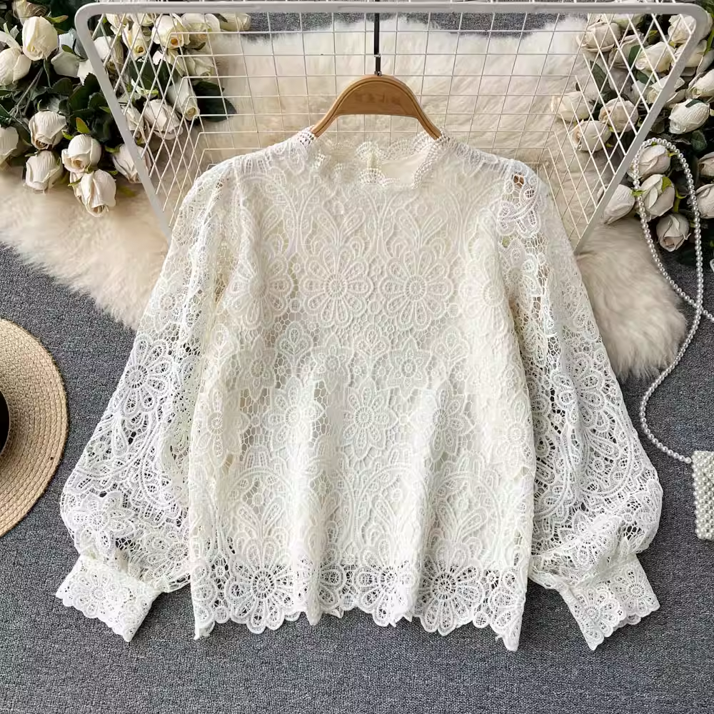Lace Mesh Hollow Out Long Sleeve Blouse for Women - Spring & Autumn Fashion Top 1065 | Perfect for Office Wear, Date Nights & Casual Outfits