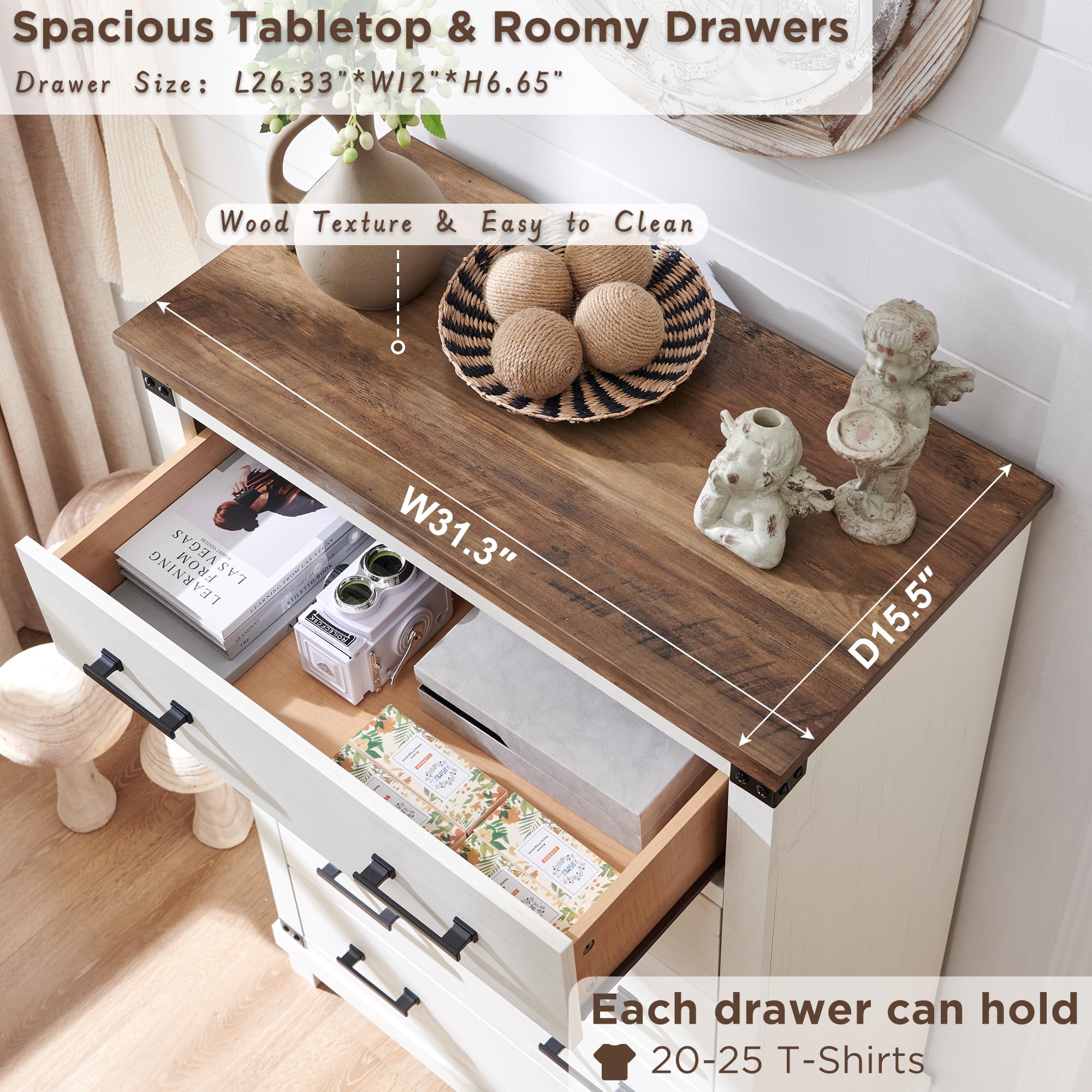 RedLemon Farmhouse 5-Drawer Wood Dresser - Solid Wood Tall Chest with Thick Plank Design, Rustic Bedroom & Living Room Storage Furniture in Antique White - Perfect for Farmhouse Decor, Guest Rooms & Closet Organization