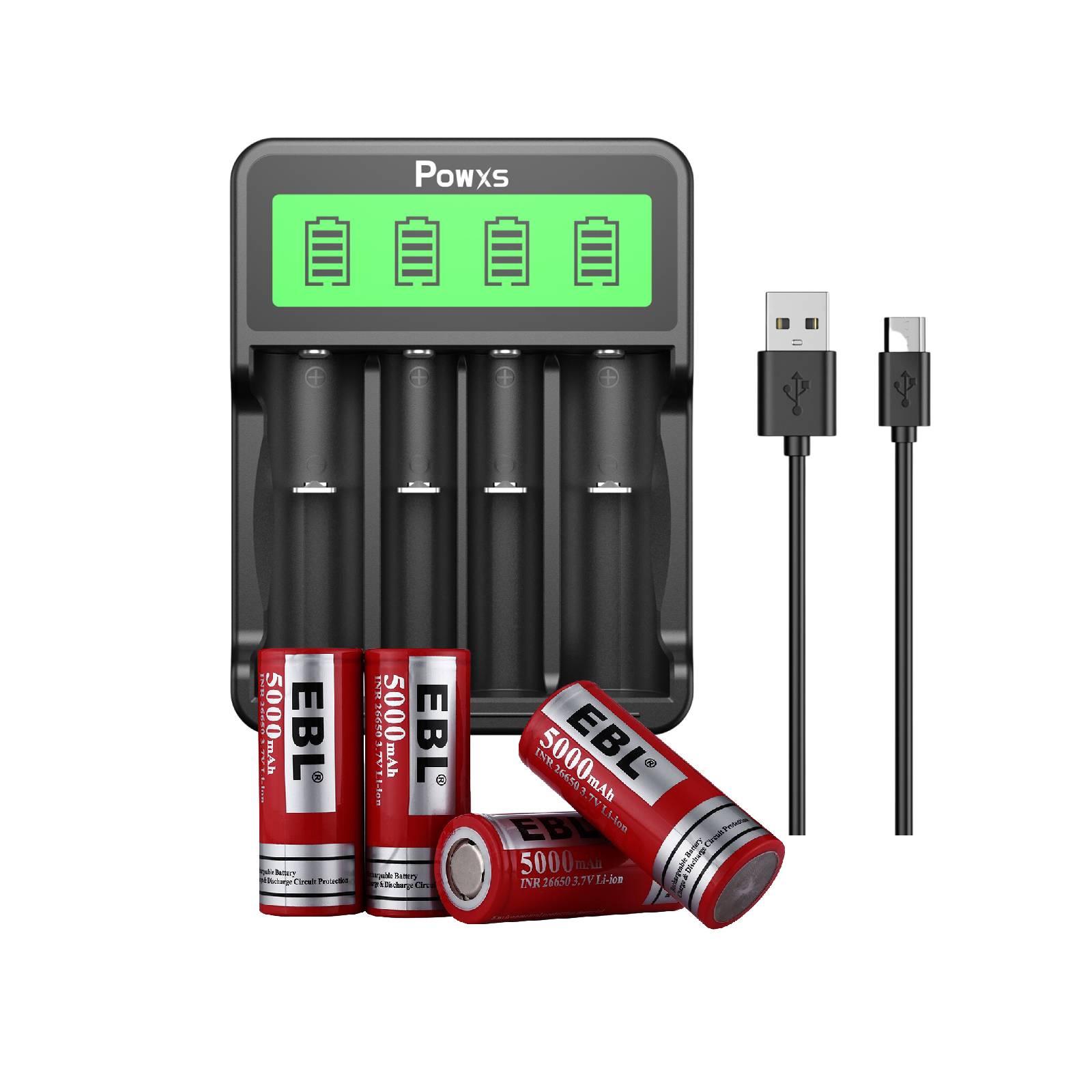 POWXS SW 4P Smart Battery Charger with 4 EBL 26650 Li-ion Rechargeable Batteries - Fast Charging for Flashlights, Vape Mods & Solar Power Systems