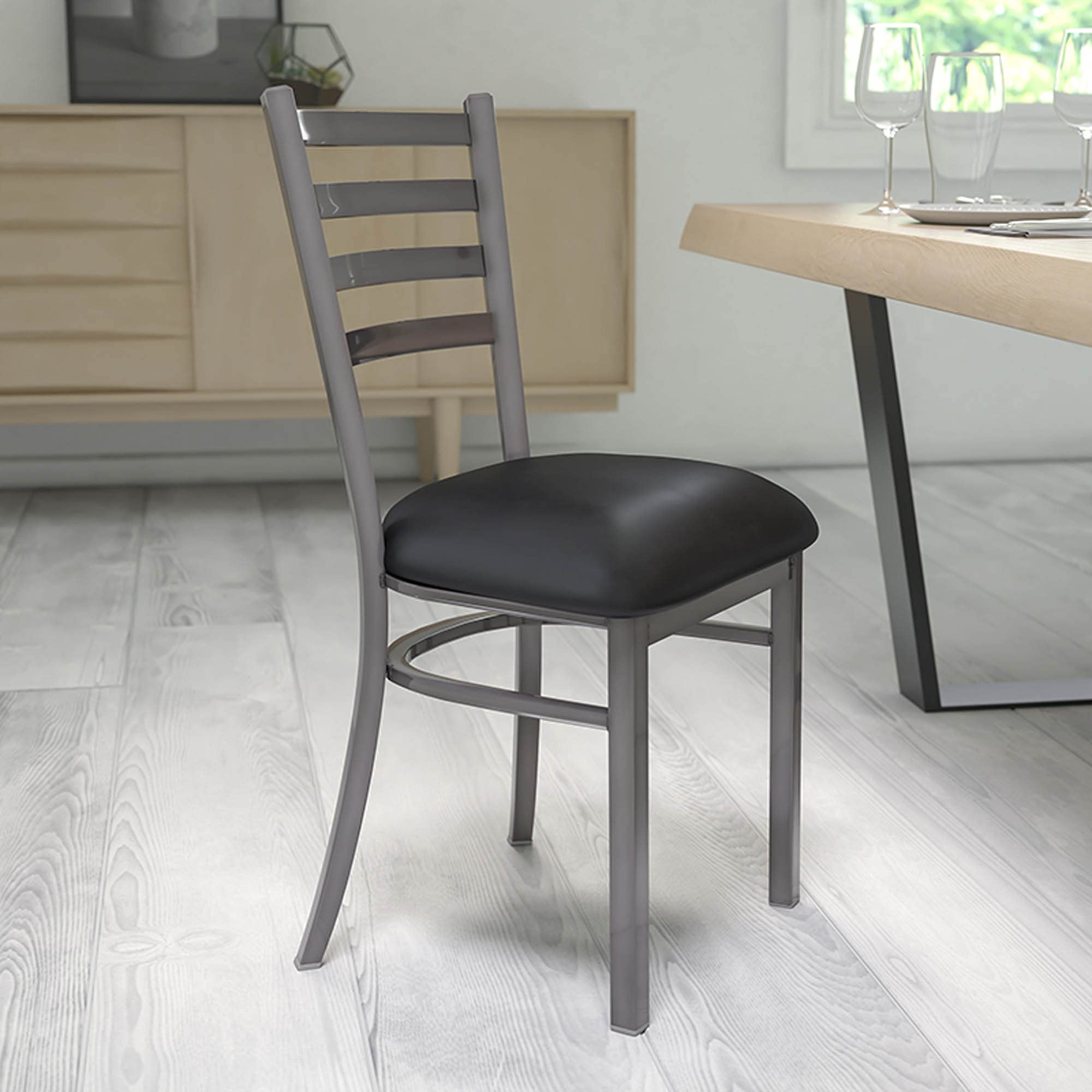 Flash Furniture 2-Pack HERCULES Series Metal Restaurant Chairs with Ladder Back Design - Black Vinyl Seat, Clear Coated for Durability - Perfect for Dining Rooms, Cafes, and Commercial Use