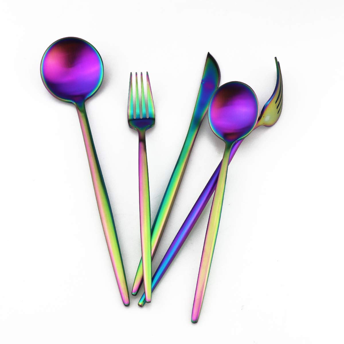 Matte Rainbow Silverware Set - Gugrida 5-Piece 18/10 Stainless Steel Flatware with Satin Finish | Durable Kitchen & Tableware for Camping, Office, School Lunch | Dishwasher Safe Cutlery for Everyday Use & Travel