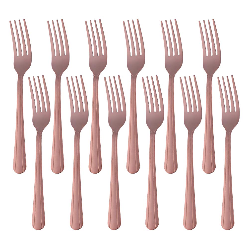 QIBOMOON 12-Piece Stainless Steel Dinner Fork Set - 7-inch Rose Gold Flatware, Dishwasher Safe Cutlery Utensils for 12 People | Perfect for Formal Dining, Wedding Gifts & Restaurant Tableware