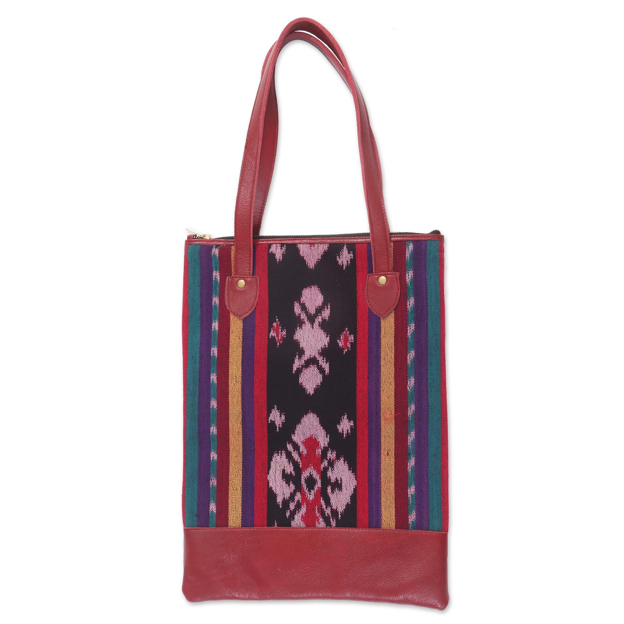 Artisan Handcrafted Leather Accent Cotton Shoulder Bag - Multicolor Burgundy Ikat Pattern, Indonesia Woven 'Jepara Weave' - Perfect for Travel, Shopping & Casual Outings