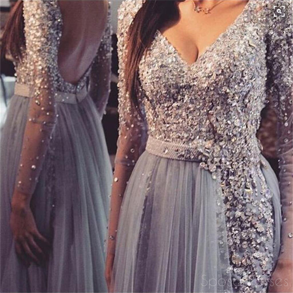 Elegant Long Sleeve Lace Prom Dress with V-Neck & Backless Design - Custom Grey Formal Gown for Homecoming, Ball & Special Occasions | PD0038