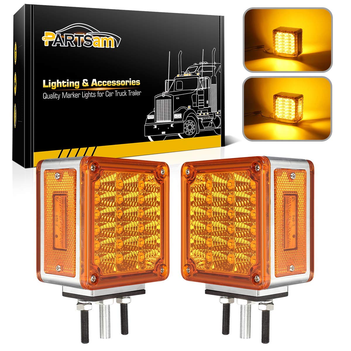 Partsam 39 LED Amber/Amber Double Face Truck Turn Signal Lights - Stud Mount Fender & Side Marker Lights for Heavy Duty Trucks, Trailers (Freightliner, Peterbilt, Mack, Western Star) - Durable Safety Lighting for Night Driving & Road Visibility