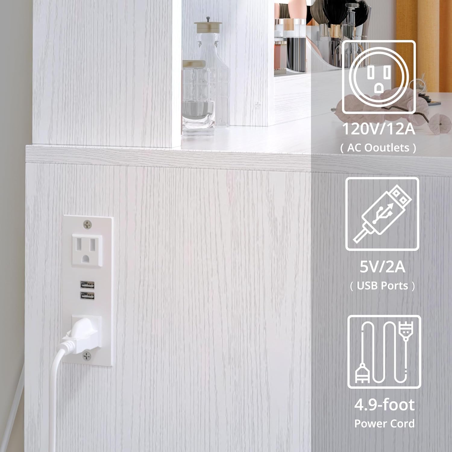 IRONCK White Vanity Desk with LED Lighted Mirror, Power Outlet & Storage Stool - Makeup Dressing Table with Drawers & Cabinet for Bedroom | Perfect for Beauty Routine, Cosmetics Organization & Home Decor