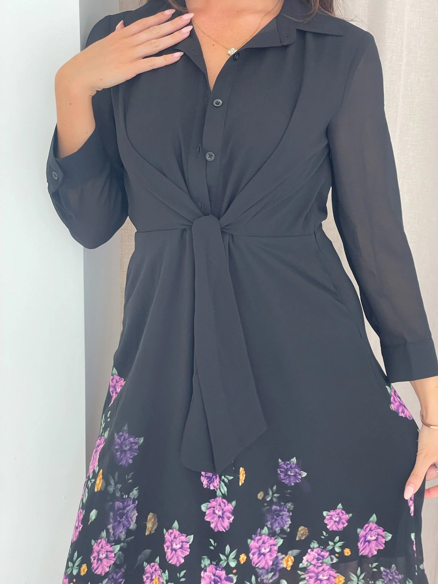 Isabella Purple Floral Print Tie Front Shirt Dress for Women - Elegant Summer Casual Outfit for Brunch, Date Night & Office Wear