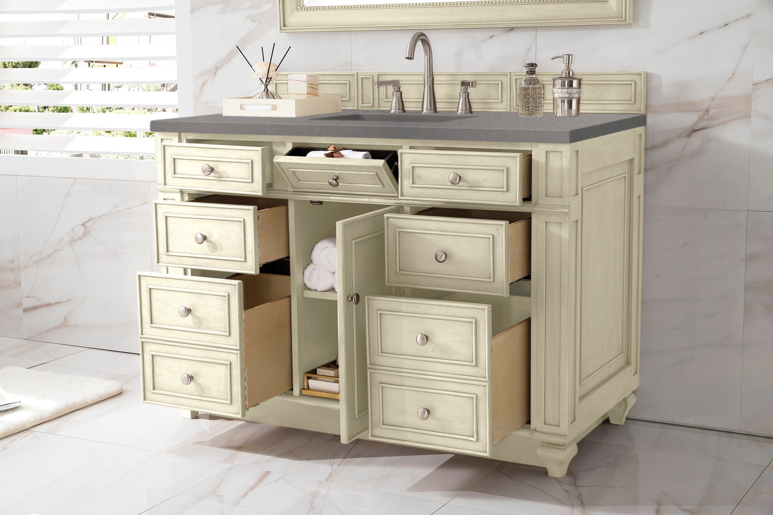 Bristol 48 Inch Single Bathroom Vanity Set with 3CM Grey Expo Quartz Countertop in Vintage Vanilla - Perfect for Modern Farmhouse & Coastal Bathroom Designs