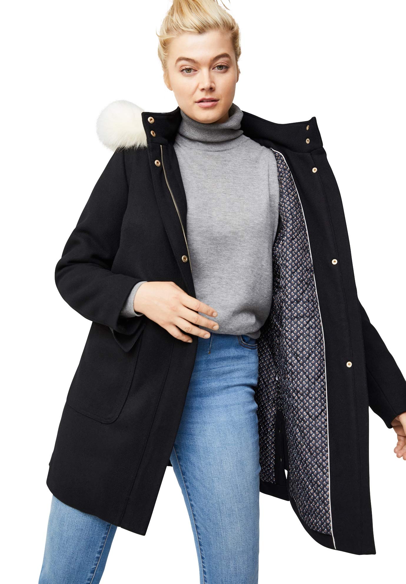 Ellos Women's Plus Size Side-Snap Wool Parka Coat - Warm Winter Jacket for Cold Weather, Water-Resistant Outerwear with Hood - Perfect for Snowy Days & Outdoor Activities