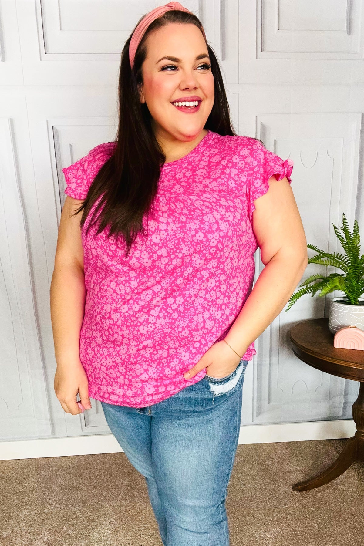 Look Of Love Fuchsia Floral Yoke Ruffle Short Sleeve Blouse - Women's Romantic Floral Print Summer Top for Date Night & Outdoor Parties