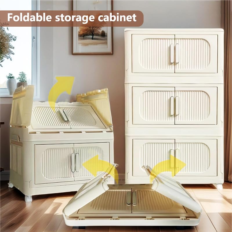 Foldable Cube Storage Bins with Lids & Wheels - 5-Tier Stackable Closet Organizer for Bedroom, Office & Kids Room - Cream White Open Front Storage Drawers for Home Organization