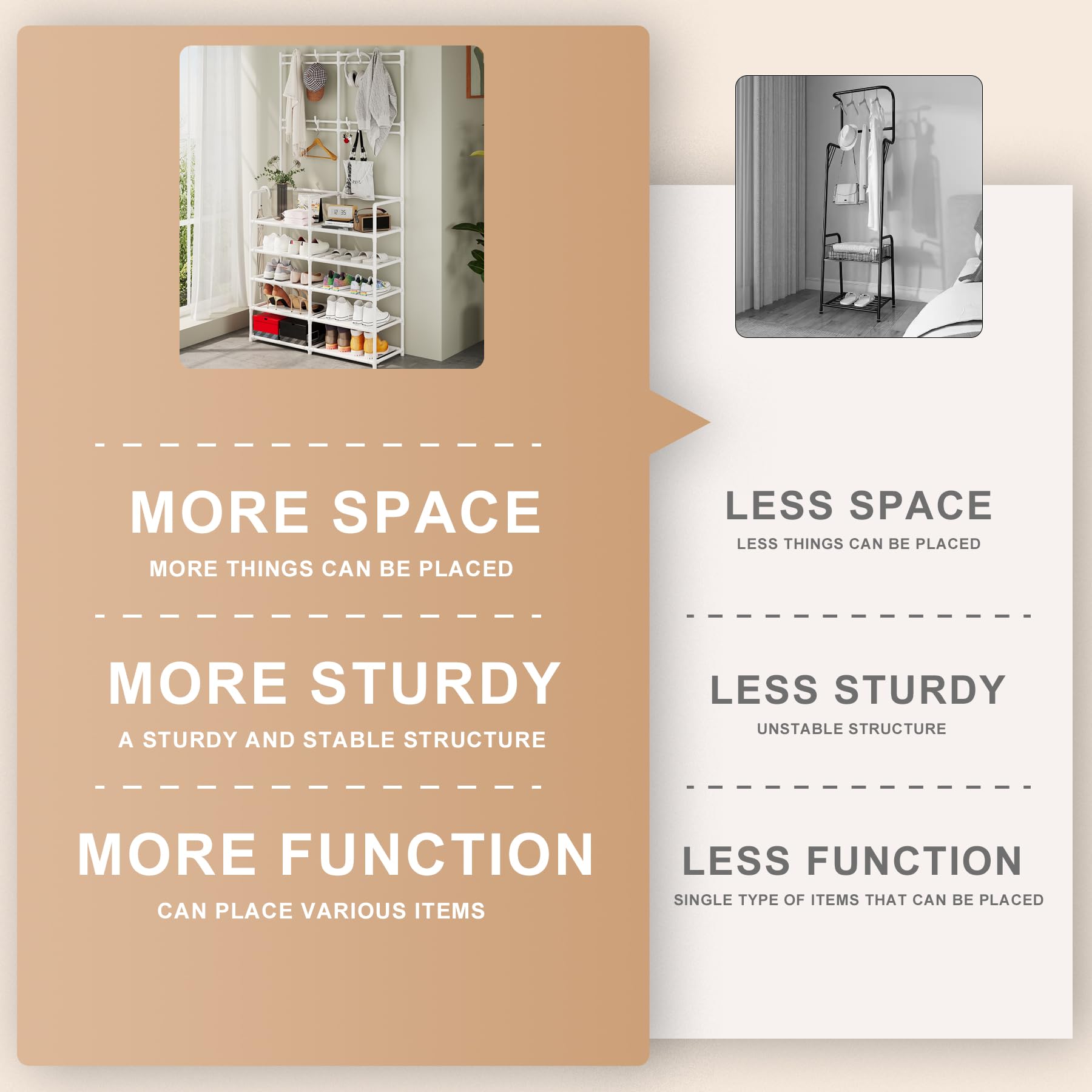 UDEAR 5-Tier Shoe Rack with Coat Hooks - Space Saving Entryway Organizer for Shoes, Jackets & Accessories - Sturdy Shoe Storage for Living Room, Bedroom, Office & Hallway - White (Perfect for Small Spaces & Apartment Entryways)