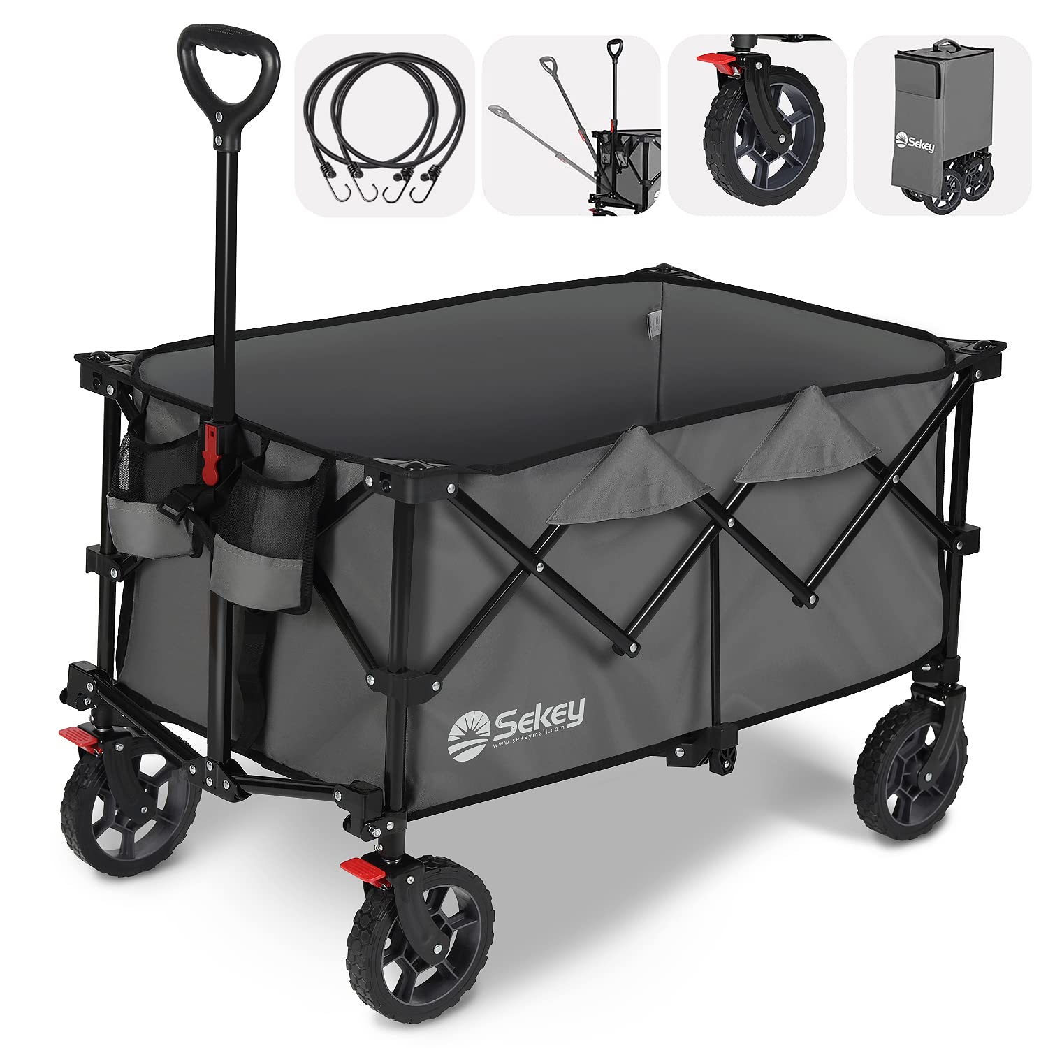 Sekey 220L Heavy Duty Collapsible Folding Wagon Cart with 330lbs Capacity - All-Terrain Wheels, Drink Holders & Storage (Grey) - Perfect for Camping, Beach Trips, Picnics & Grocery Shopping