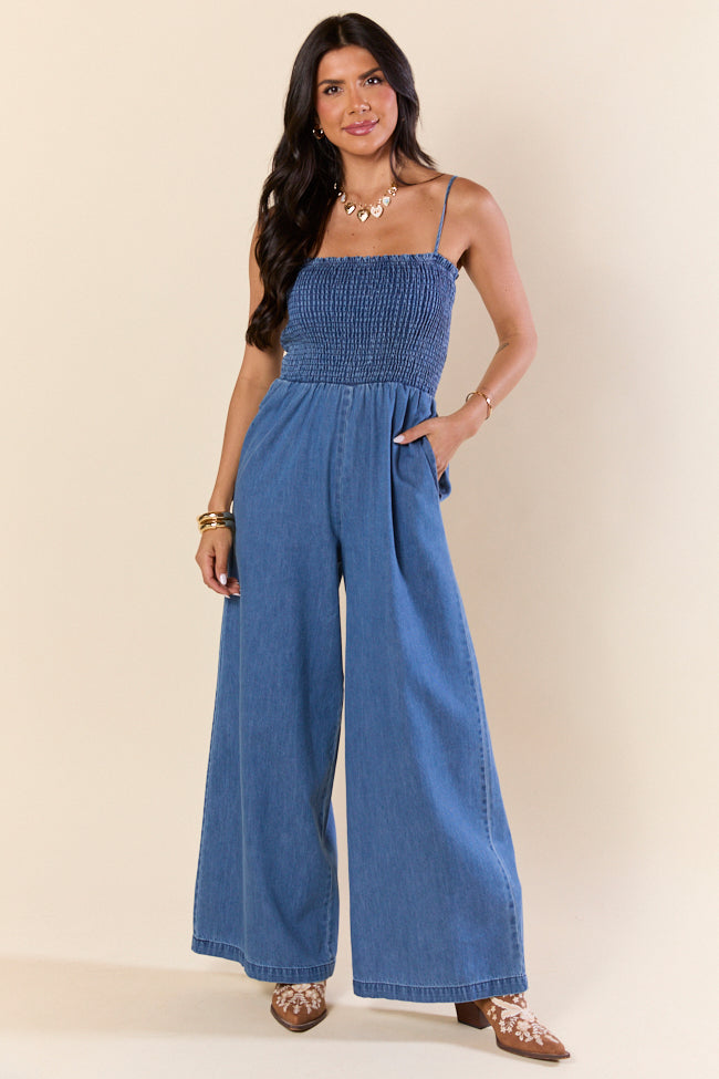 Showstopper Denim Smocked Jumpsuit for Women - Trendy & Comfortable Romper - Perfect for Casual Outings, Date Nights & Summer Vacations