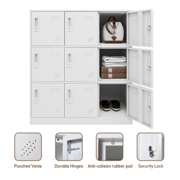 9-Door Steel Storage Locker Cabinet for Employees - Heavy Duty Metal Organizer for Clothes, Shoes & Toys - Space Saving Locker System for Gym, Office, Bedroom & School (White) - Perfect for Home, Workplace & Commercial Use