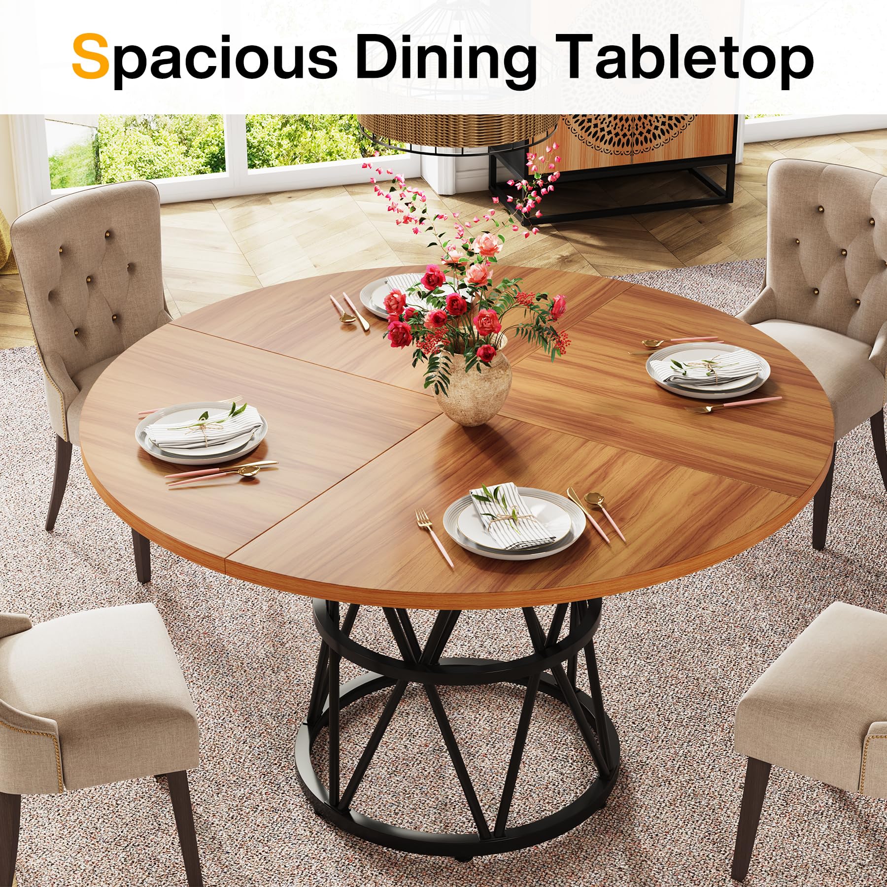 Tribesigns 47-Inch Round Dining Table for 4 - Solid Wood Kitchen Table with Metal Base in Brown & Black - Perfect for Small Spaces, Breakfast Nooks, and Cozy Dining Rooms