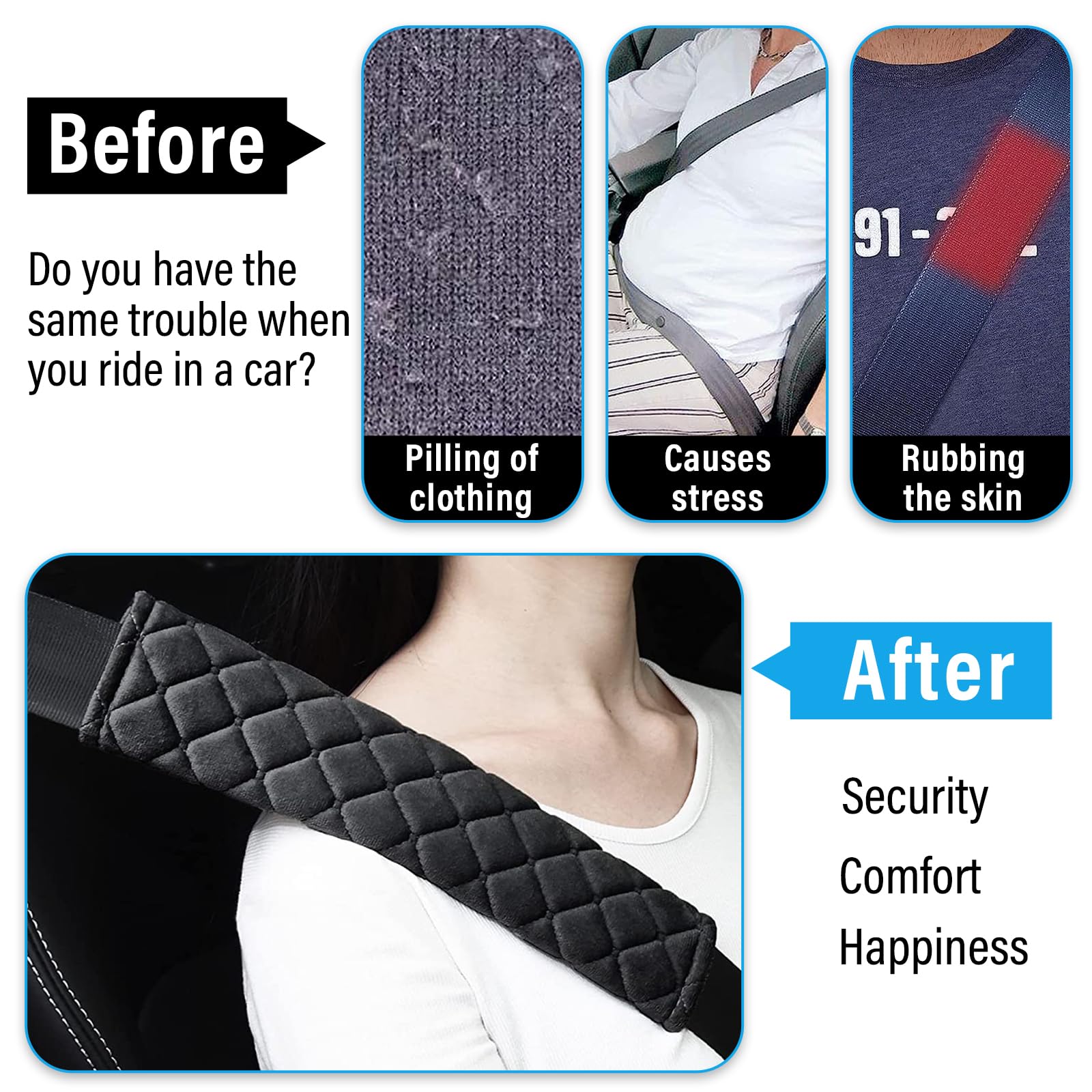 Extra Long Seatbelt Cover - Super Soft Car Seat Belt Cushion Pad for Comfort & Protection - Universal Fit for Cars, Trucks & SUVs (13 Inch, Black) - Perfect for Long Drives & Road Trips