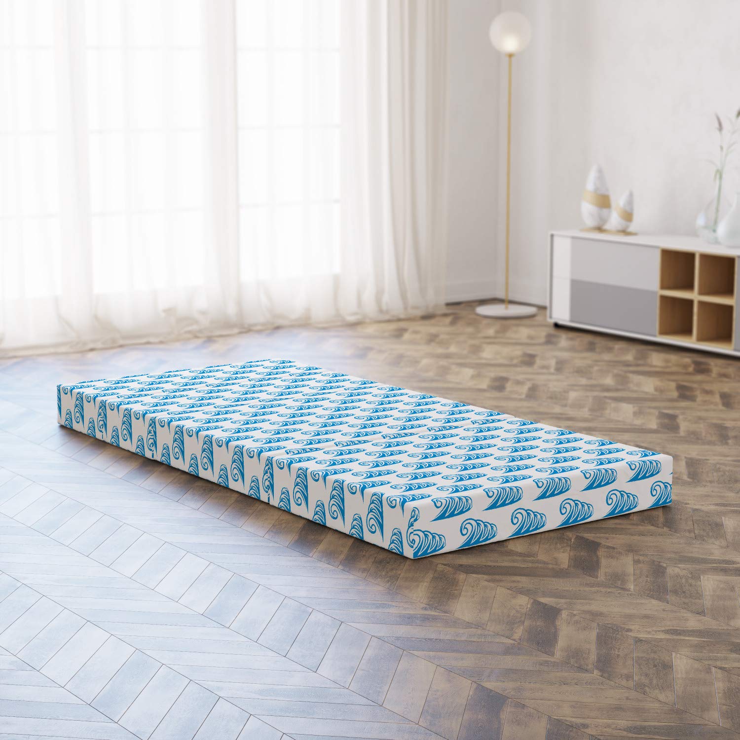 Ambesonne Nautical Foldable Mattress - Waterproof Summer Ocean Waves Design for Beach, Boat & Outdoor Adventures | Portable Guest Bed for Camping, Travel & Home Use