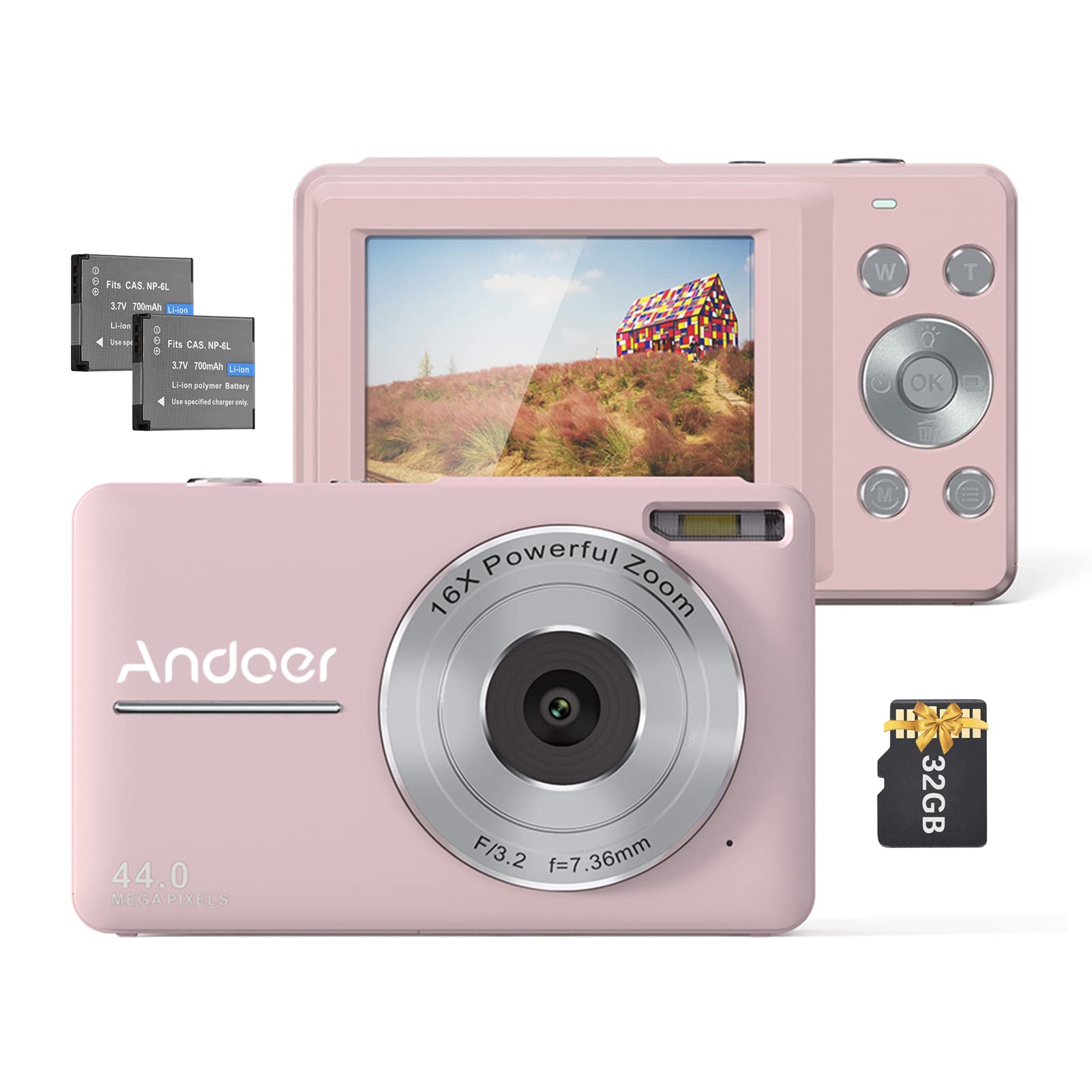 Andoer Pink Digital Camera for Kids with 32GB Card & 1080P HD - Perfect for Holidays & Travel