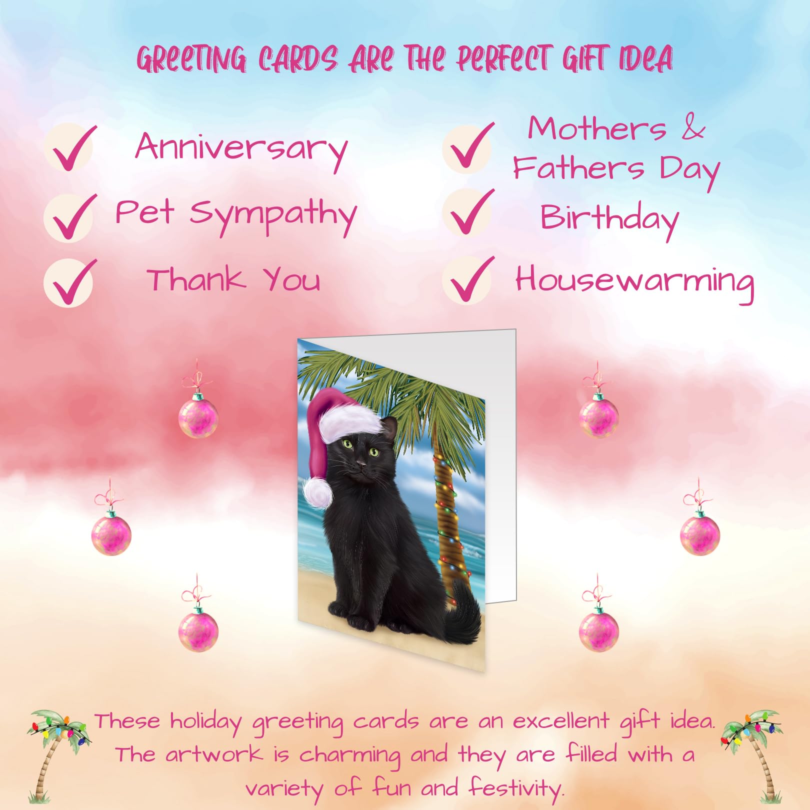 Tropical Beach Black Cat Greeting Cards - 10 Adorable Pet Invitation Cards with Envelopes - Perfect for Christmas, Birthday & Special Occasions - Pet Lover Artwork GCD67649 | Ideal for Cat Owners, Holiday Gifts & Party Invitations