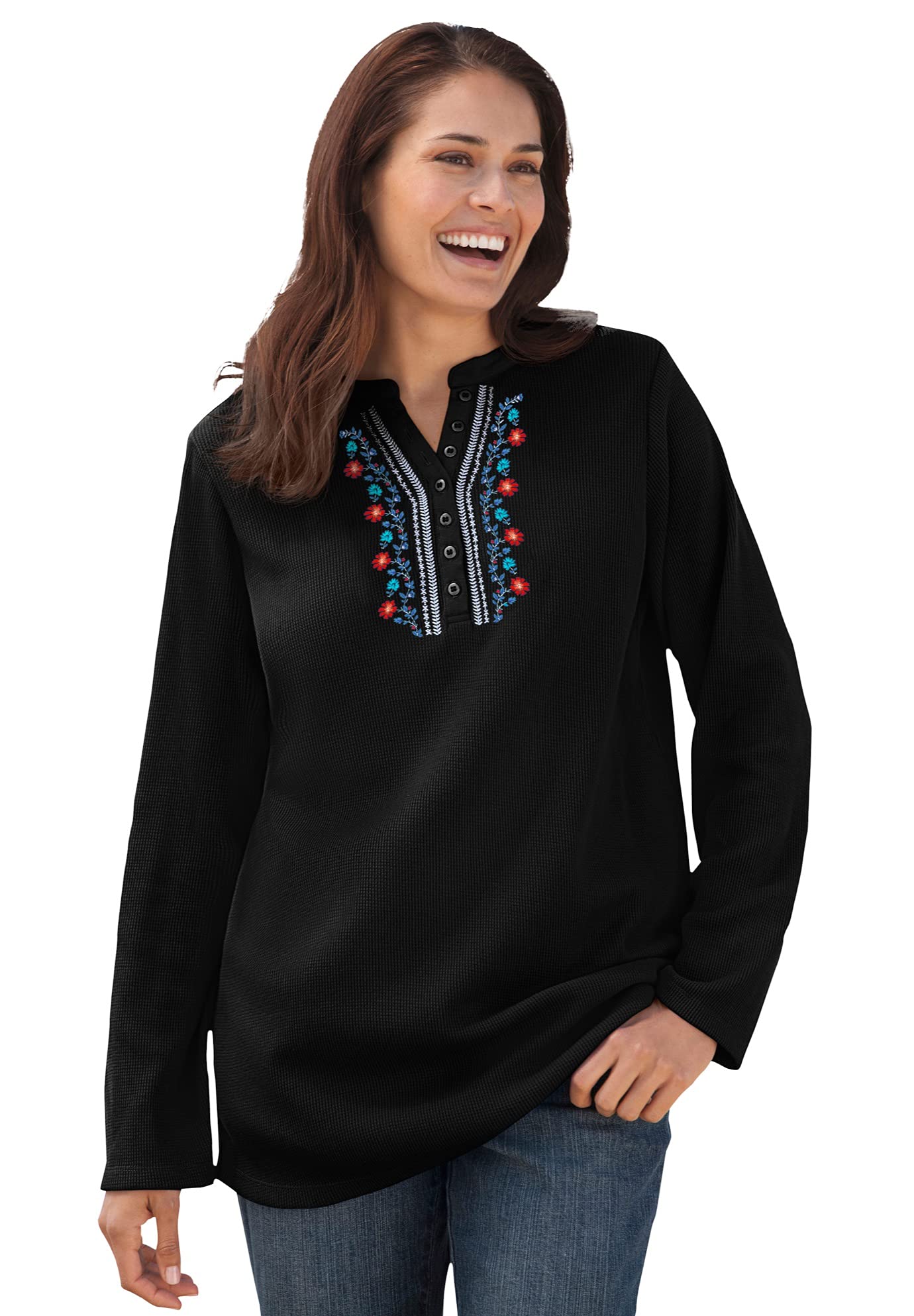 Woman Within Women's Plus Size Embroidered Thermal Waffle Henley Tee - Soft Long Sleeve Underwear Top for Winter Layering & Cold Weather Comfort
