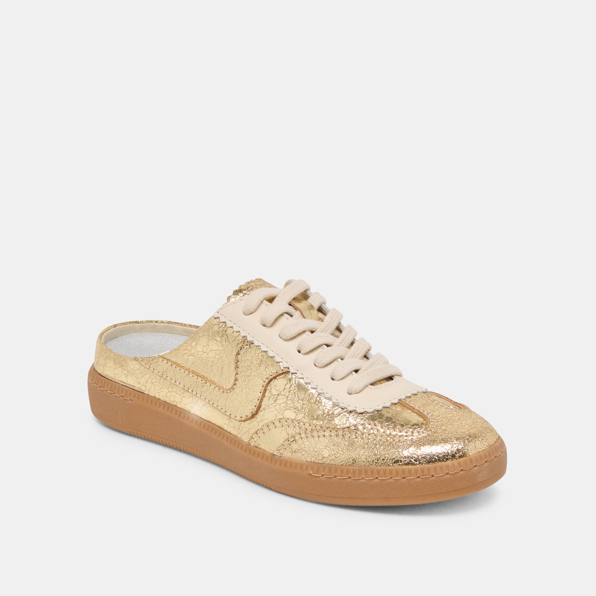 Distressed Leather Notice Slide Sneakers in Gold - Comfortable Slip-On Shoes for Casual Wear, Street Style & Everyday Outfits