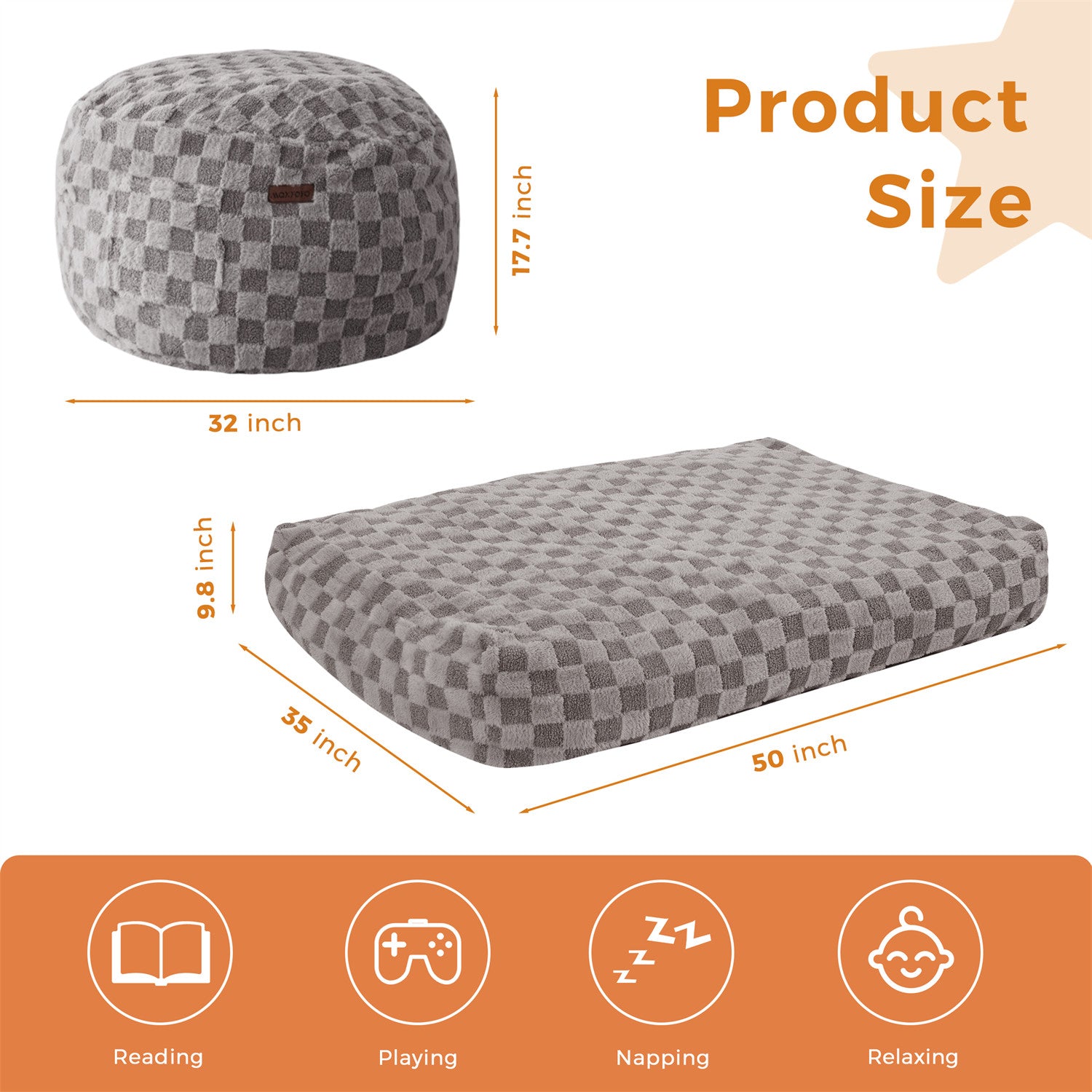 MAXYOYO Kids Bean Bag Chair Convertible to Bed - Soft Jacquard Shaggy Plush Removable Cover, Grey Plaid Design for Boys & Girls - Perfect for Playroom, Bedroom, Dorm or Lounge Area