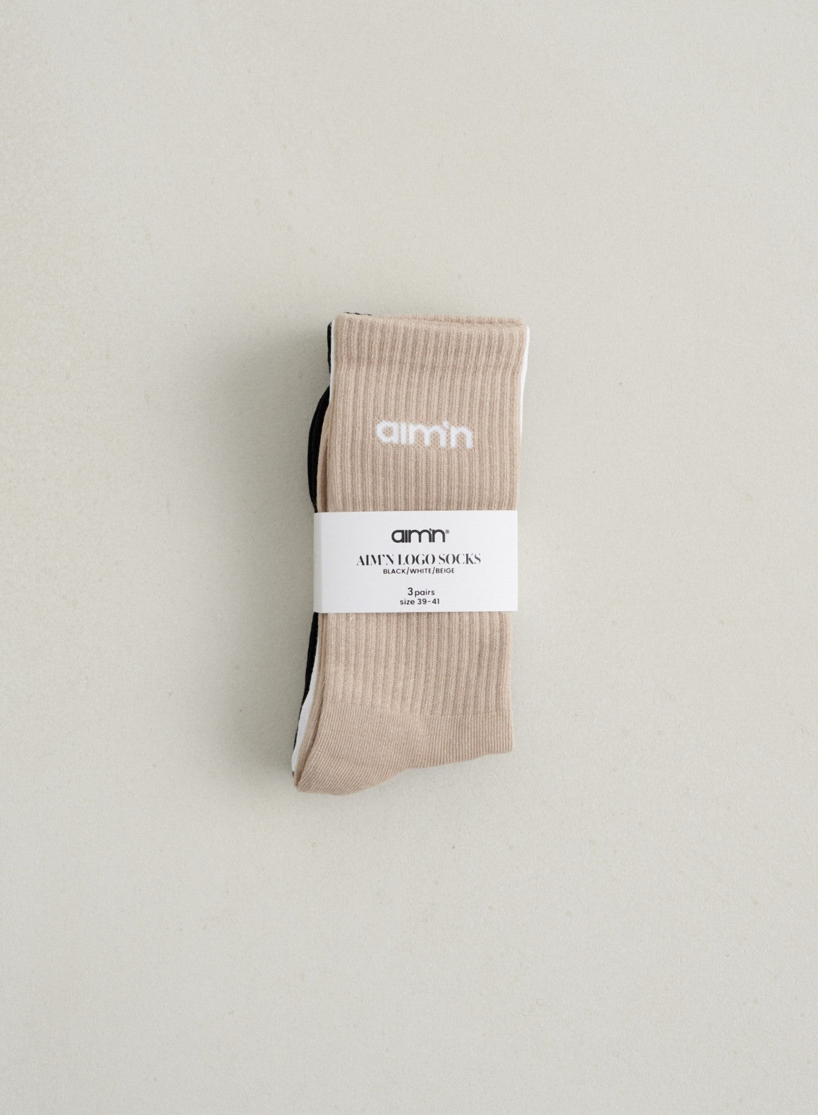Aim'n Logo Socks 3 Pack - Black, White & Beige Crew Socks for Women - Comfortable Casual & Athletic Socks for Running, Gym & Everyday Wear