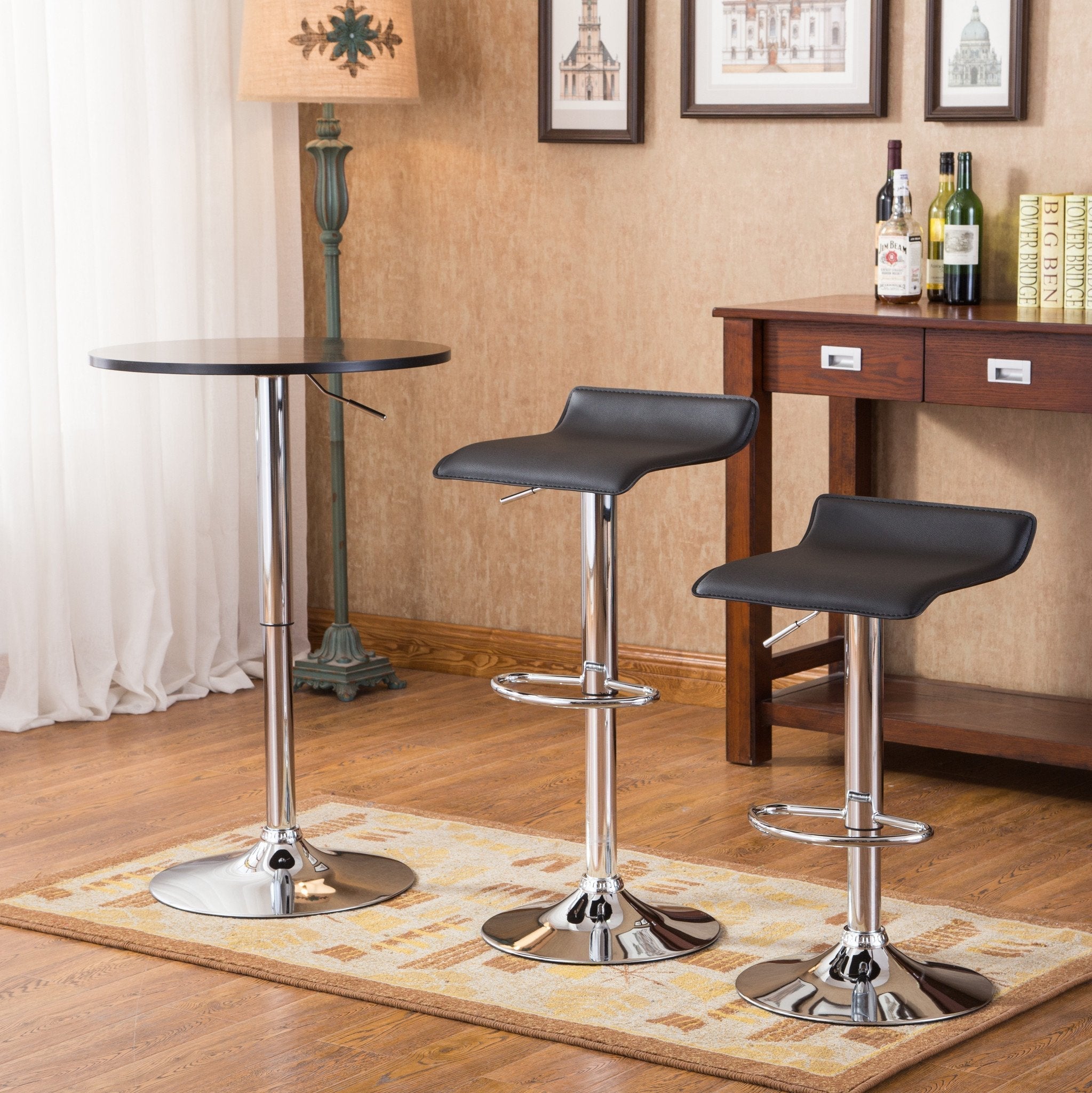 Baxton Adjustable Height Wood & Chrome Metal Bar Table with 2 Air Lift Swivel Stools - Modern Kitchen Island & Breakfast Nook Set for Home & Office